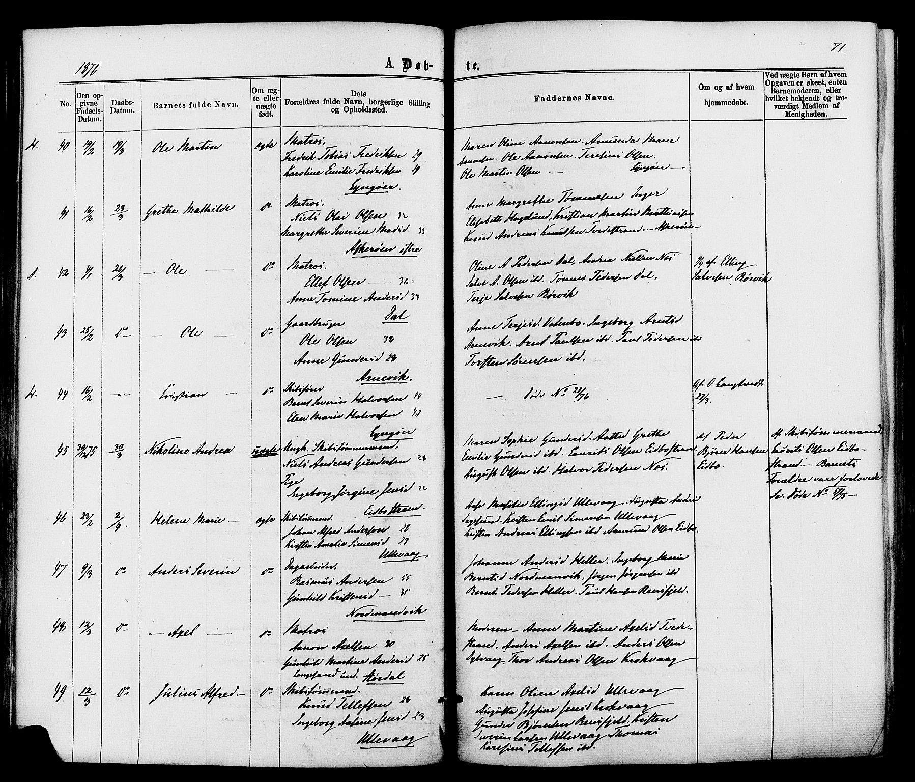 Dypvåg sokneprestkontor, AV/SAK-1111-0007/F/Fa/Faa/L0007: Parish register (official) no. A 7/ 1, 1872-1884, p. 71