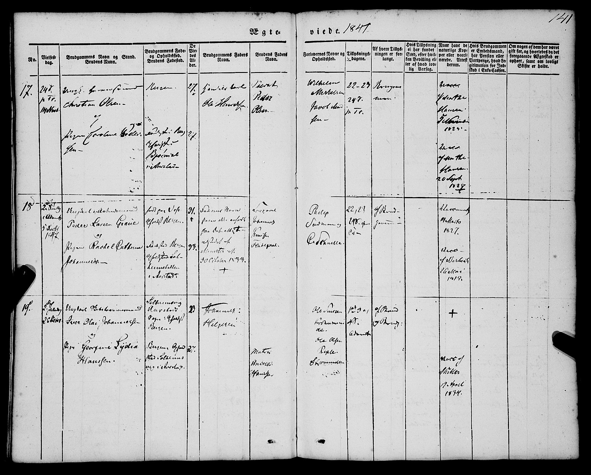 St. Jørgens hospital og Årstad sokneprestembete, SAB/A-99934: Parish register (official) no. A 4, 1844-1863, p. 141