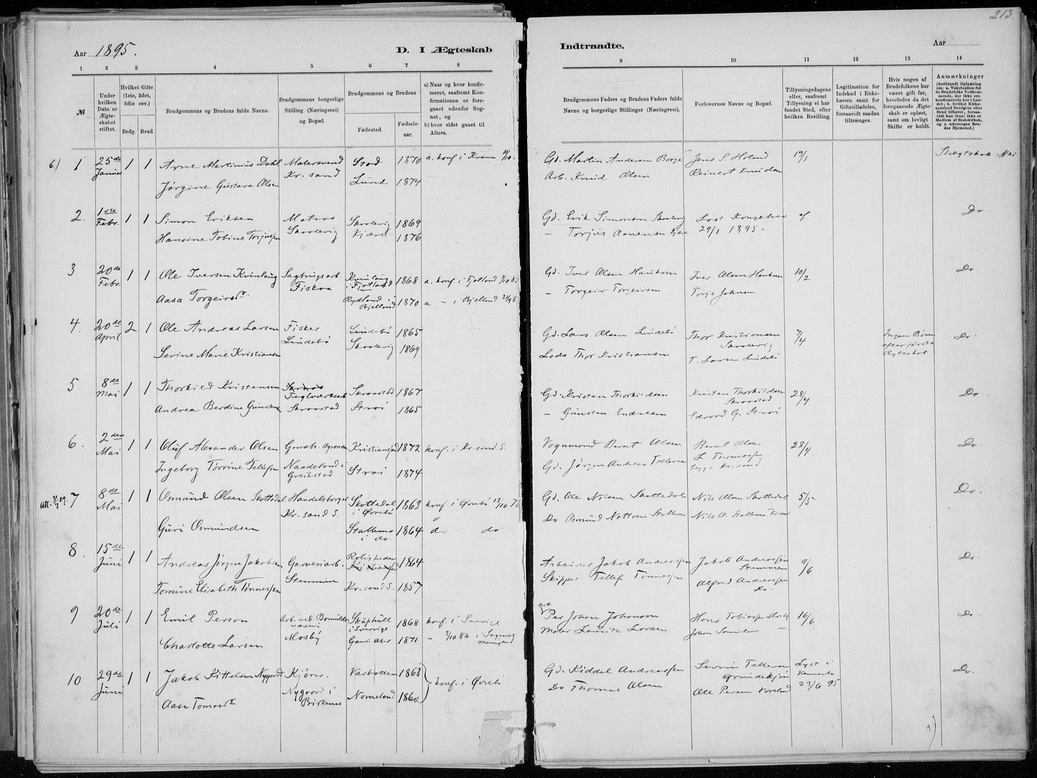 Oddernes sokneprestkontor, AV/SAK-1111-0033/F/Fa/Faa/L0009: Parish register (official) no. A 9, 1884-1896, p. 213