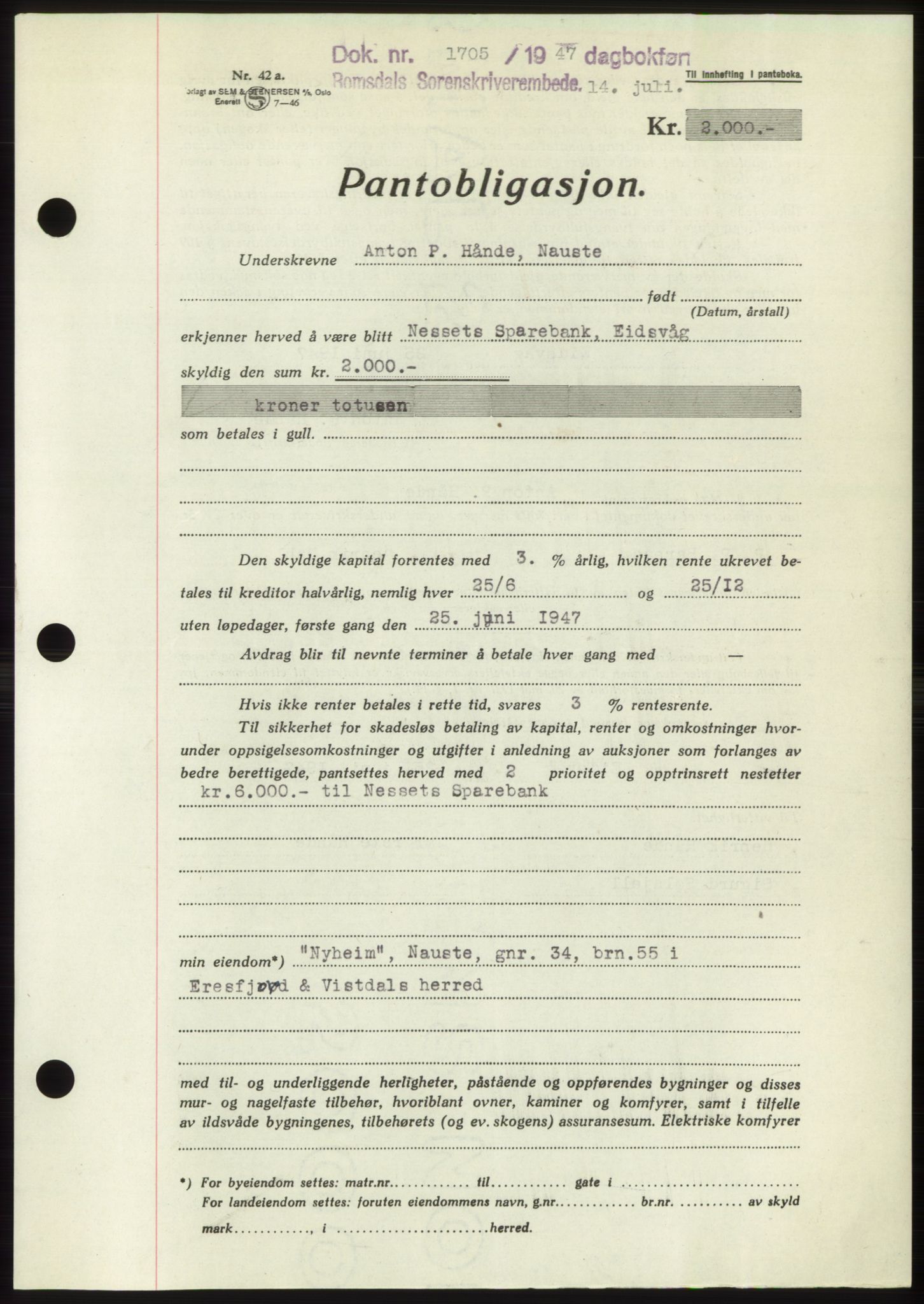 Romsdal sorenskriveri, AV/SAT-A-4149/1/2/2C: Mortgage book no. B3, 1946-1948, Diary no: : 1705/1947