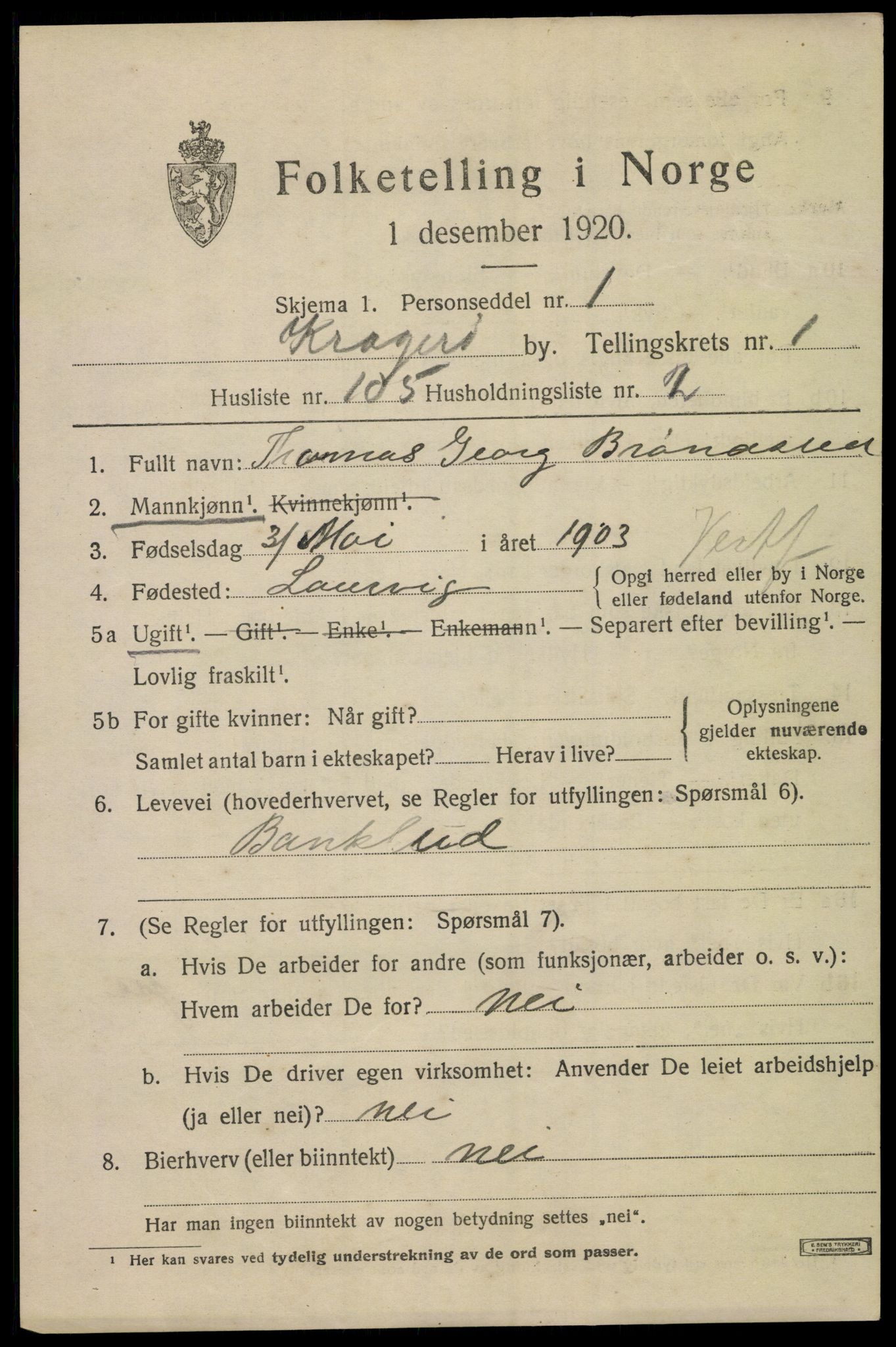 SAKO, 1920 census for Kragerø, 1920, p. 5339