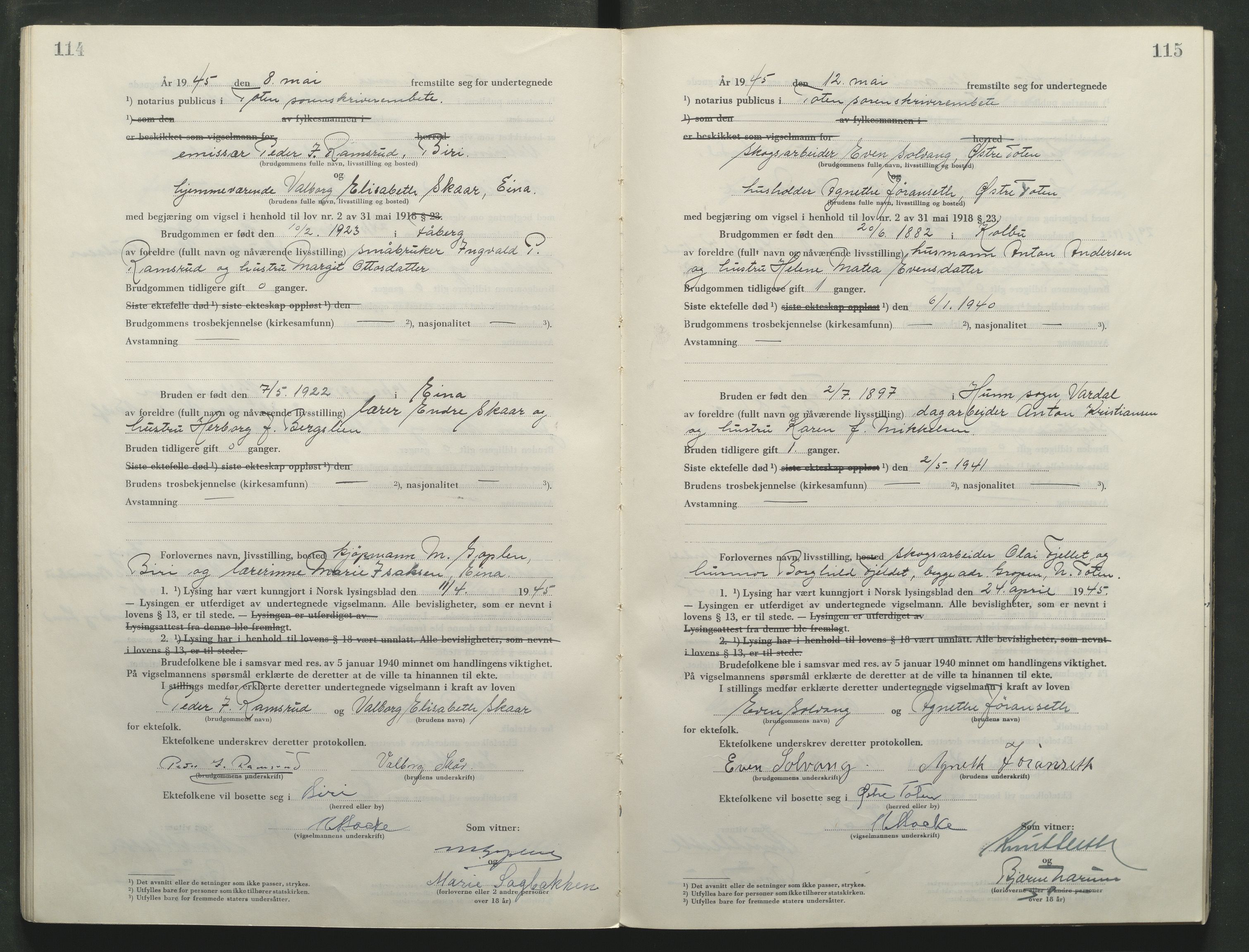 Toten tingrett, AV/SAH-TING-006/L/Lc/L0005: Vigselbok, 1944-1948, p. 114-115