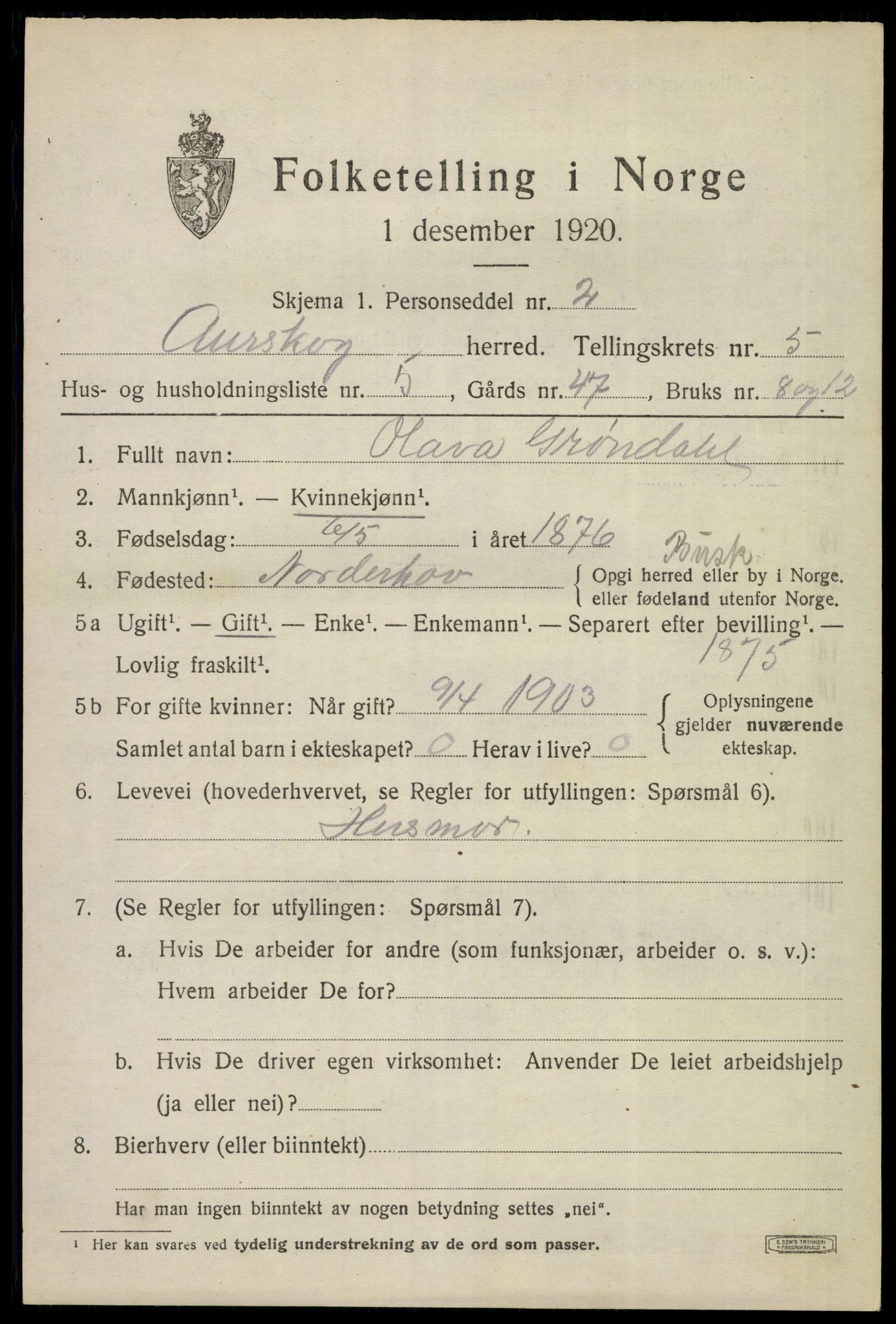 SAO, 1920 census for Aurskog, 1920, p. 6580