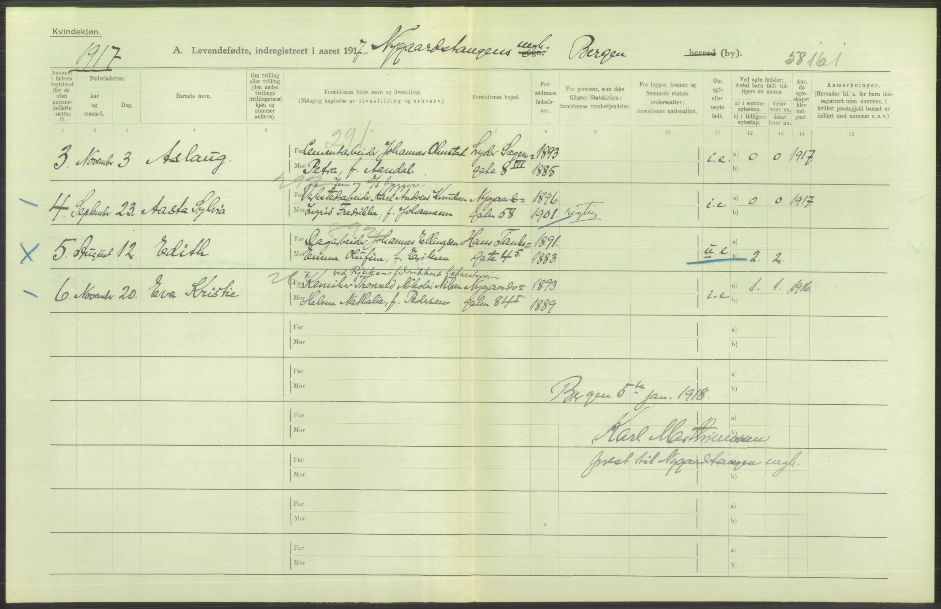 Statistisk sentralbyrå, Sosiodemografiske emner, Befolkning, RA/S-2228/D/Df/Dfb/Dfbg/L0037: Bergen: Levendefødte menn og kvinner., 1917, p. 522