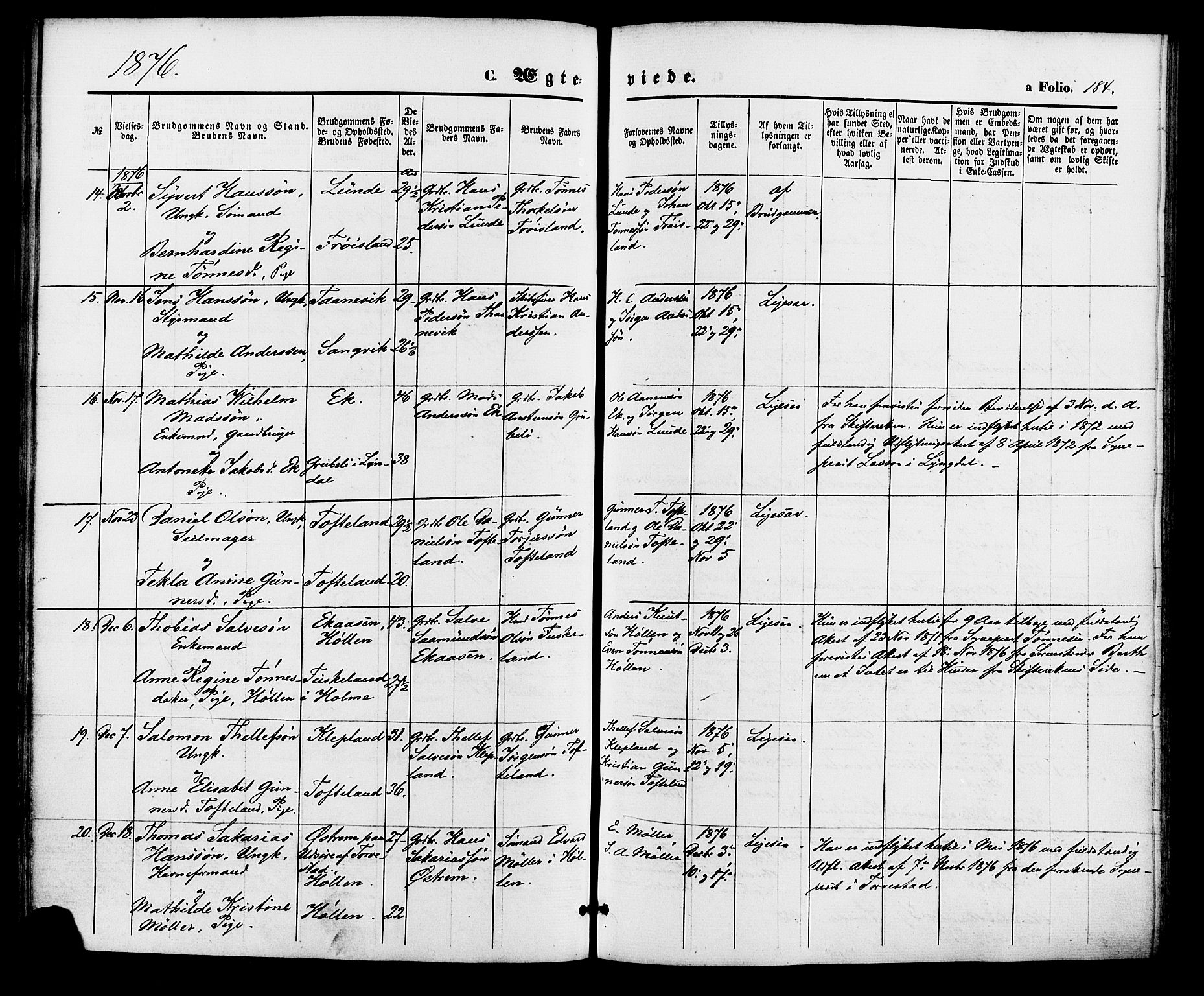 Søgne sokneprestkontor, SAK/1111-0037/F/Fa/Fab/L0011: Parish register (official) no. A 11, 1869-1879, p. 184