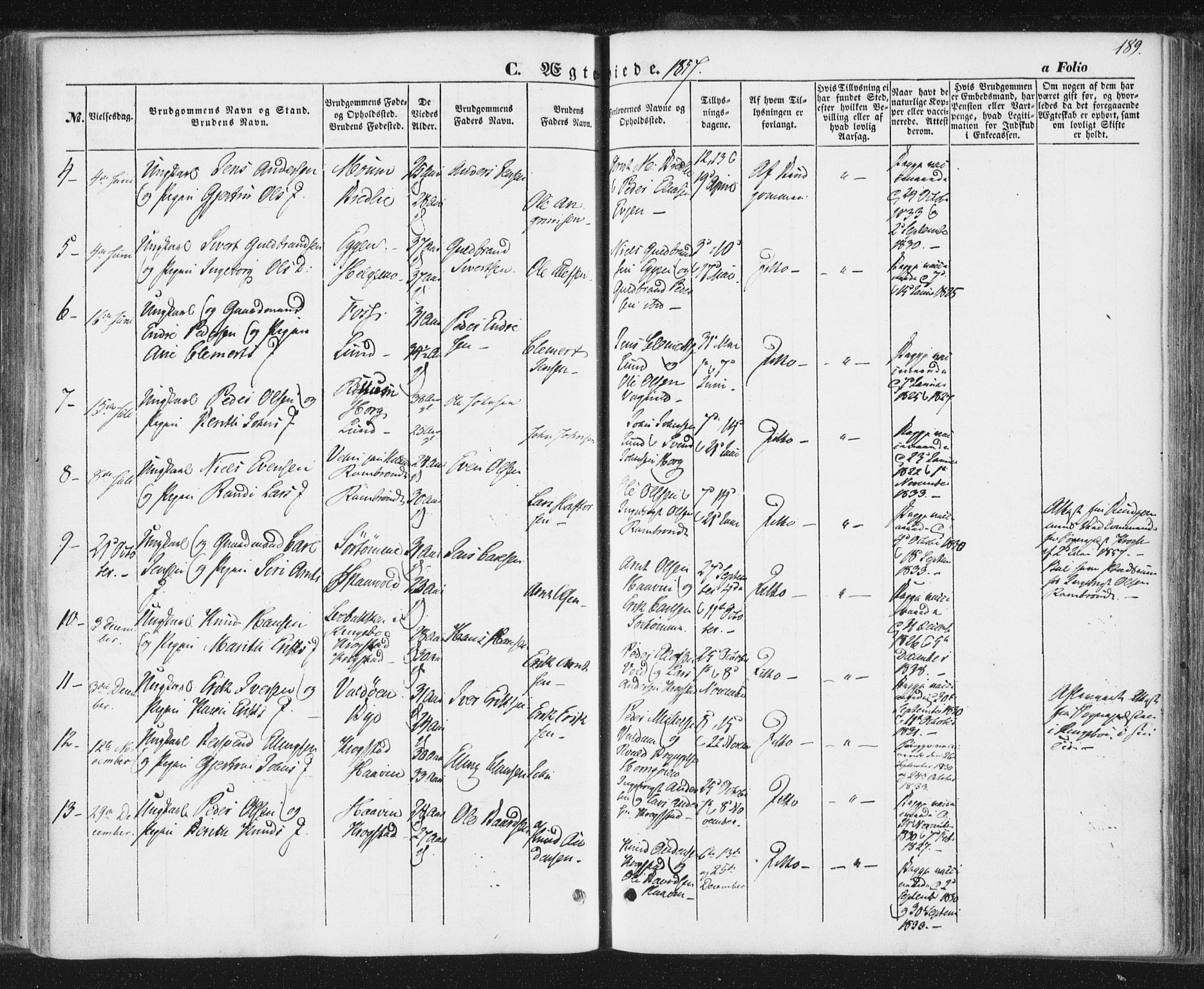 Ministerialprotokoller, klokkerbøker og fødselsregistre - Sør-Trøndelag, SAT/A-1456/692/L1103: Parish register (official) no. 692A03, 1849-1870, p. 189