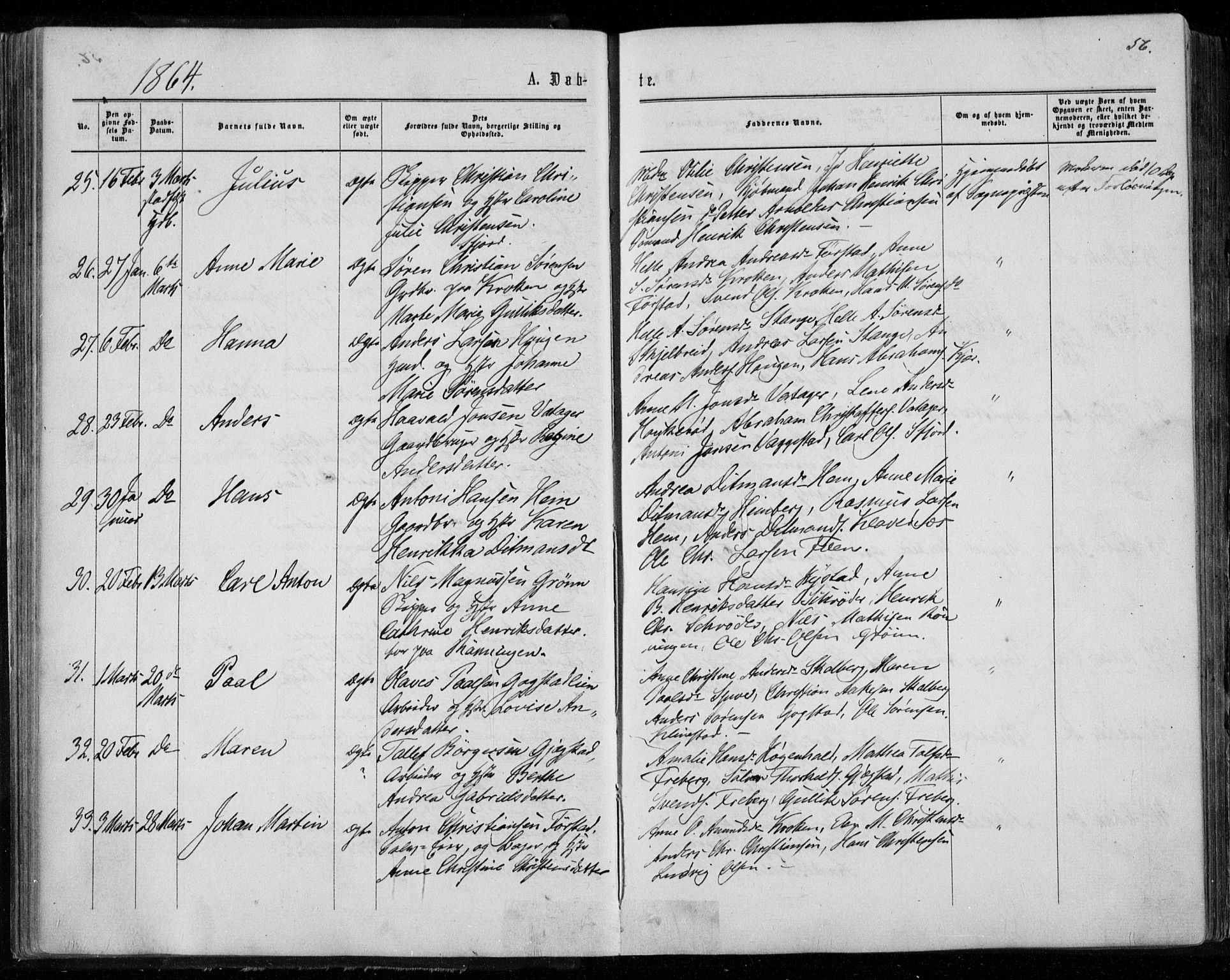 Sandar kirkebøker, SAKO/A-243/F/Fa/L0008: Parish register (official) no. 8, 1862-1871, p. 56