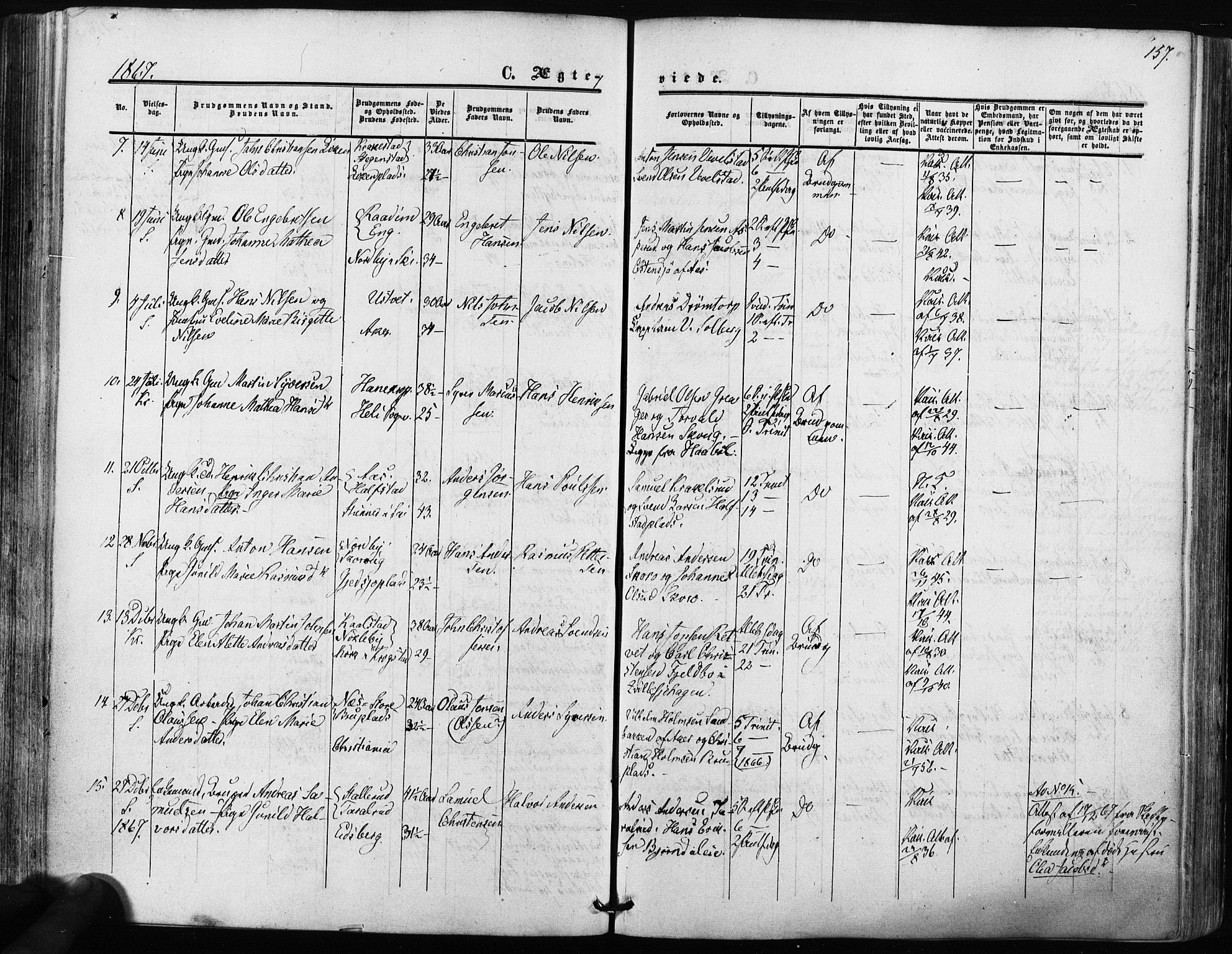 Kråkstad prestekontor Kirkebøker, SAO/A-10125a/F/Fa/L0007: Parish register (official) no. I 7, 1858-1870, p. 157