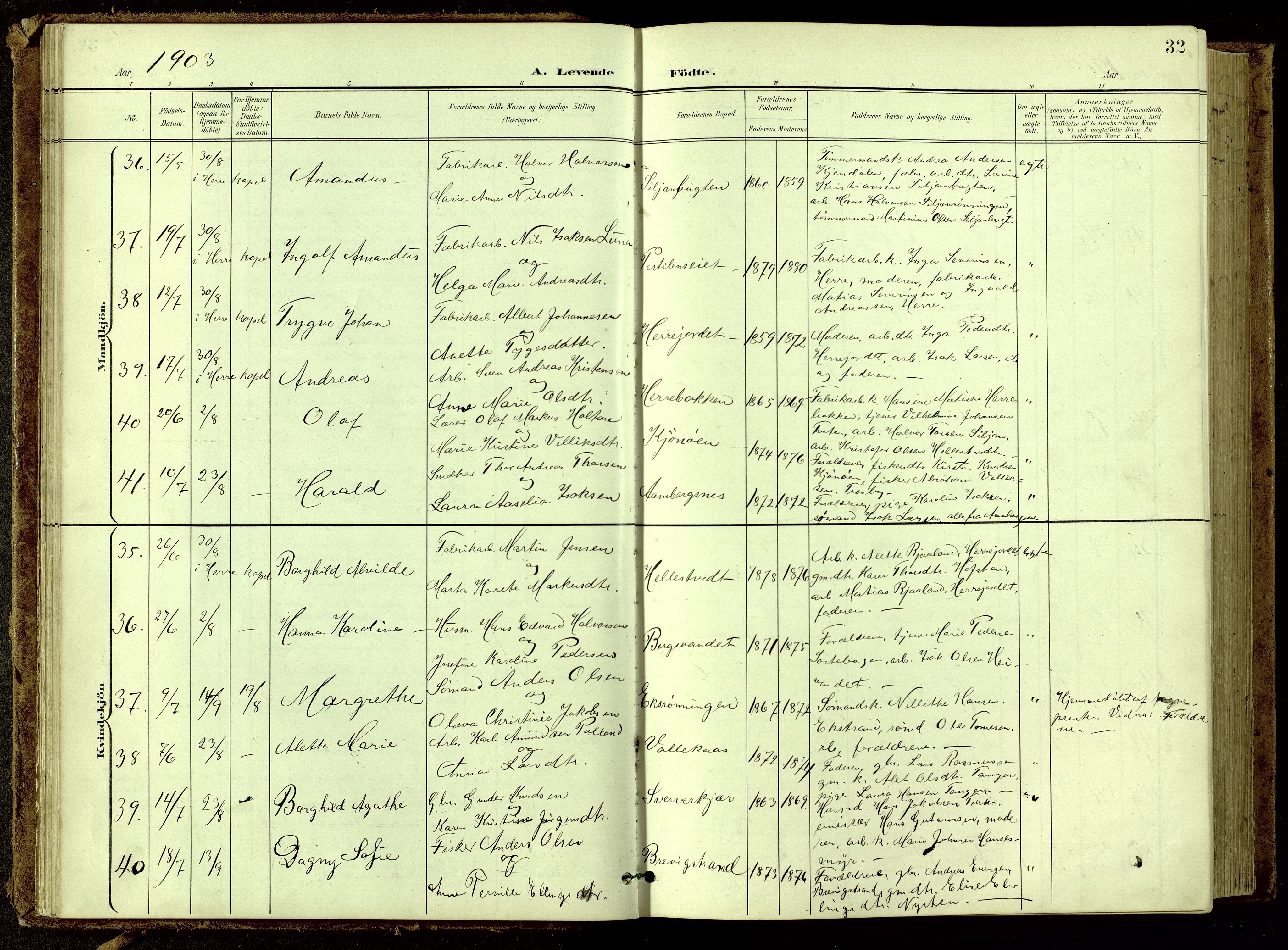 Bamble kirkebøker, AV/SAKO-A-253/G/Ga/L0010: Parish register (copy) no. I 10, 1901-1919, p. 32