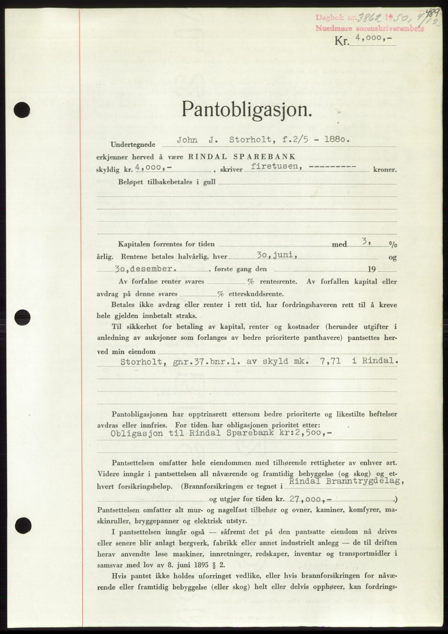 Nordmøre sorenskriveri, AV/SAT-A-4132/1/2/2Ca: Mortgage book no. B106, 1950-1950, Diary no: : 3862/1950