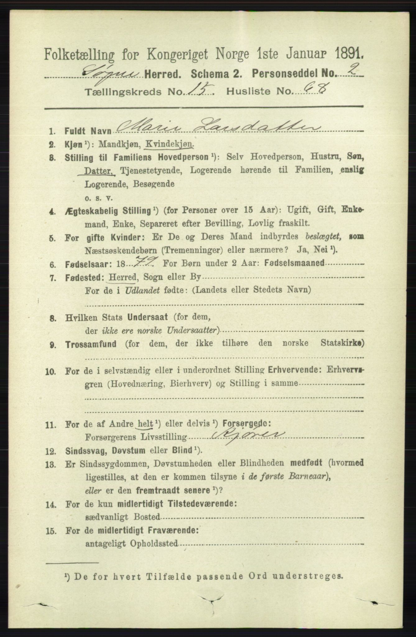 RA, 1891 census for 1018 Søgne, 1891, p. 4219