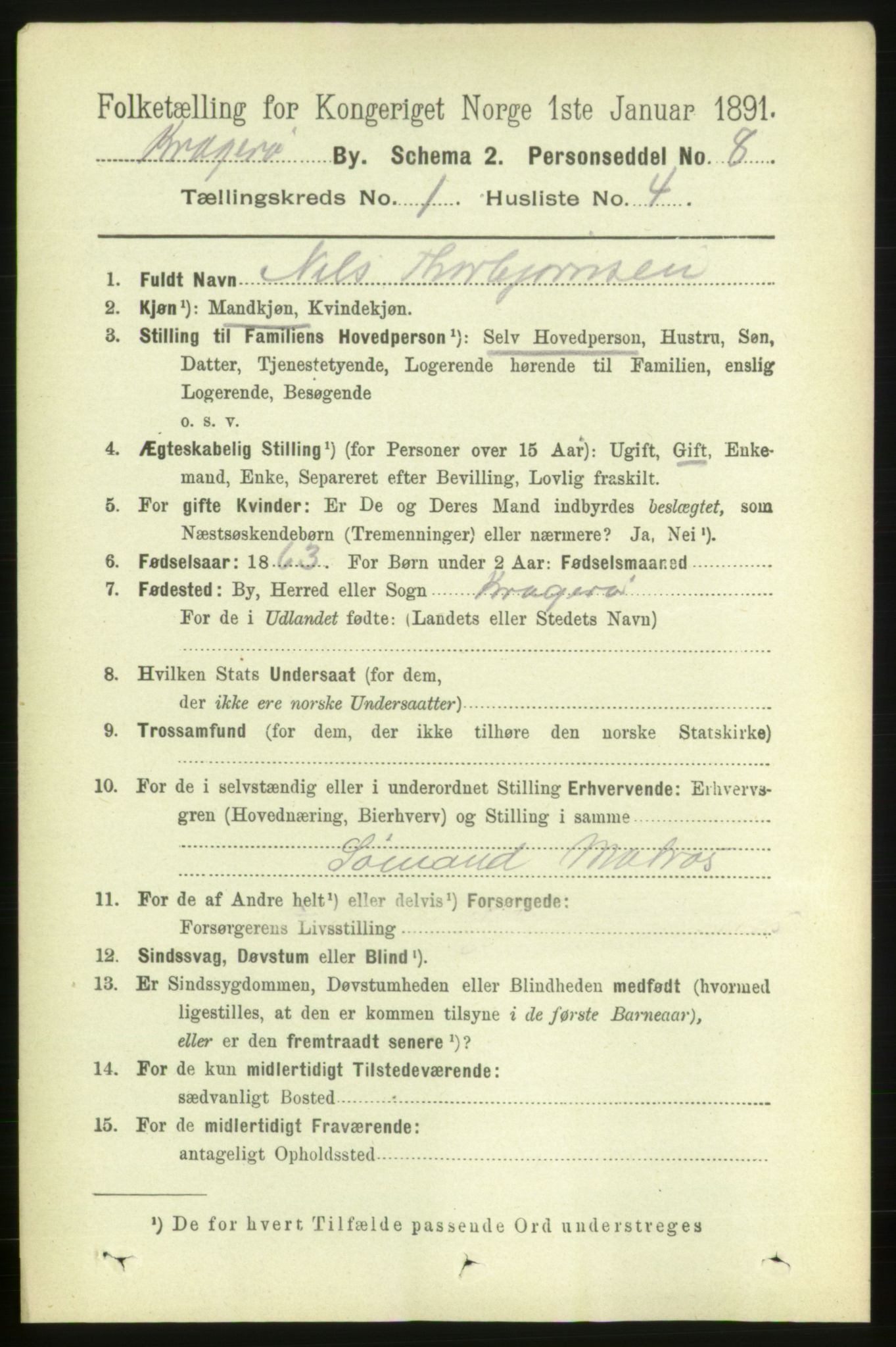 RA, 1891 census for 0801 Kragerø, 1891, p. 1696