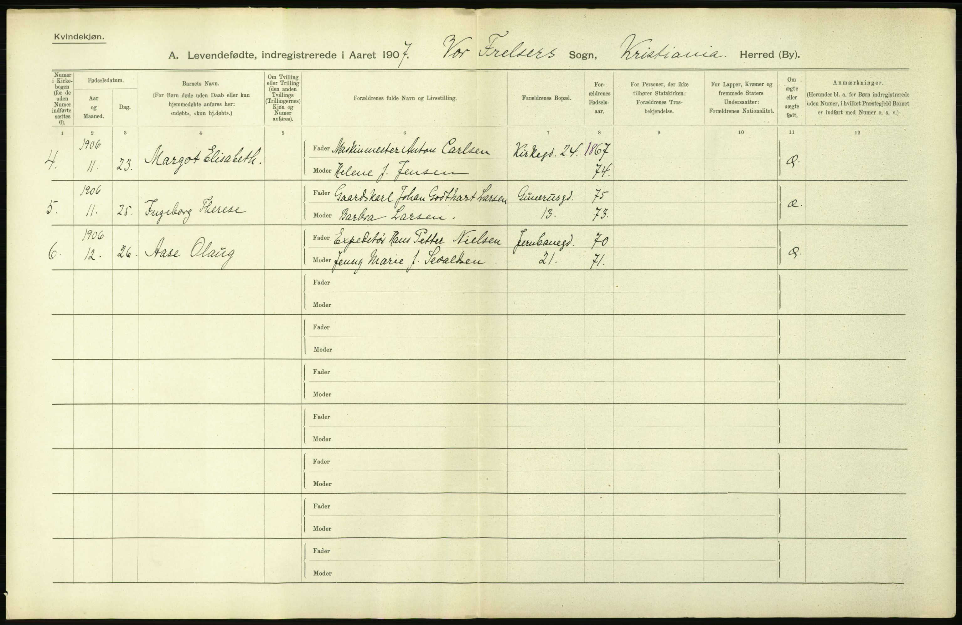 Statistisk sentralbyrå, Sosiodemografiske emner, Befolkning, AV/RA-S-2228/D/Df/Dfa/Dfae/L0006: Kristiania: Levendefødte menn og kvinner., 1907, p. 42