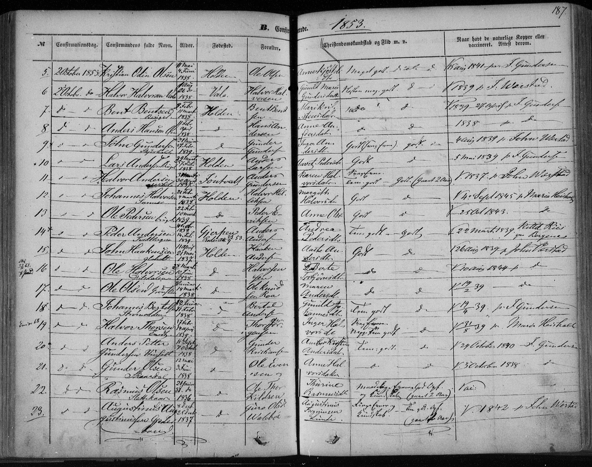 Holla kirkebøker, SAKO/A-272/F/Fa/L0005: Parish register (official) no. 5, 1849-1860, p. 187