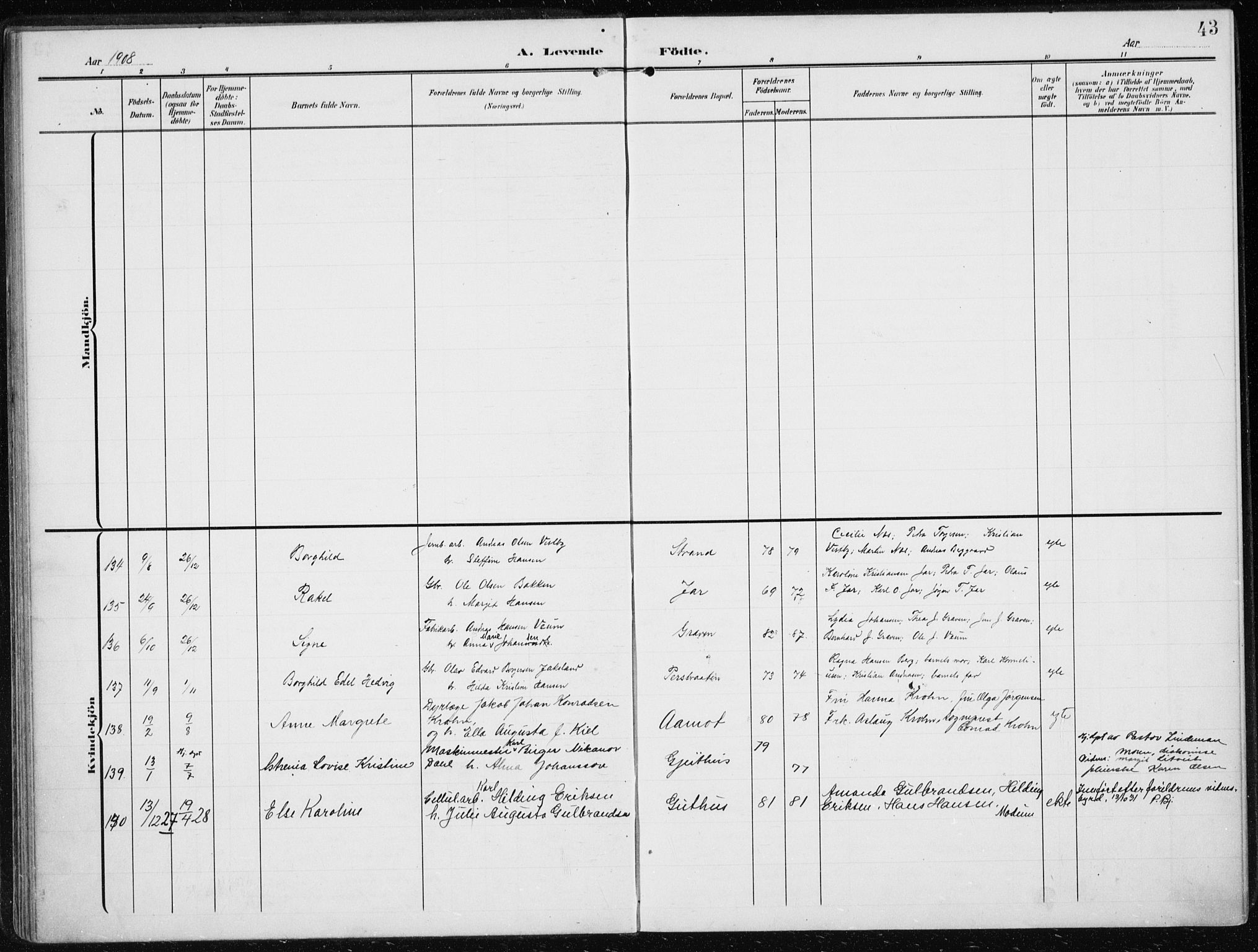 Modum kirkebøker, AV/SAKO-A-234/F/Fa/L0014a: Parish register (official) no. 14A, 1906-1918, p. 43