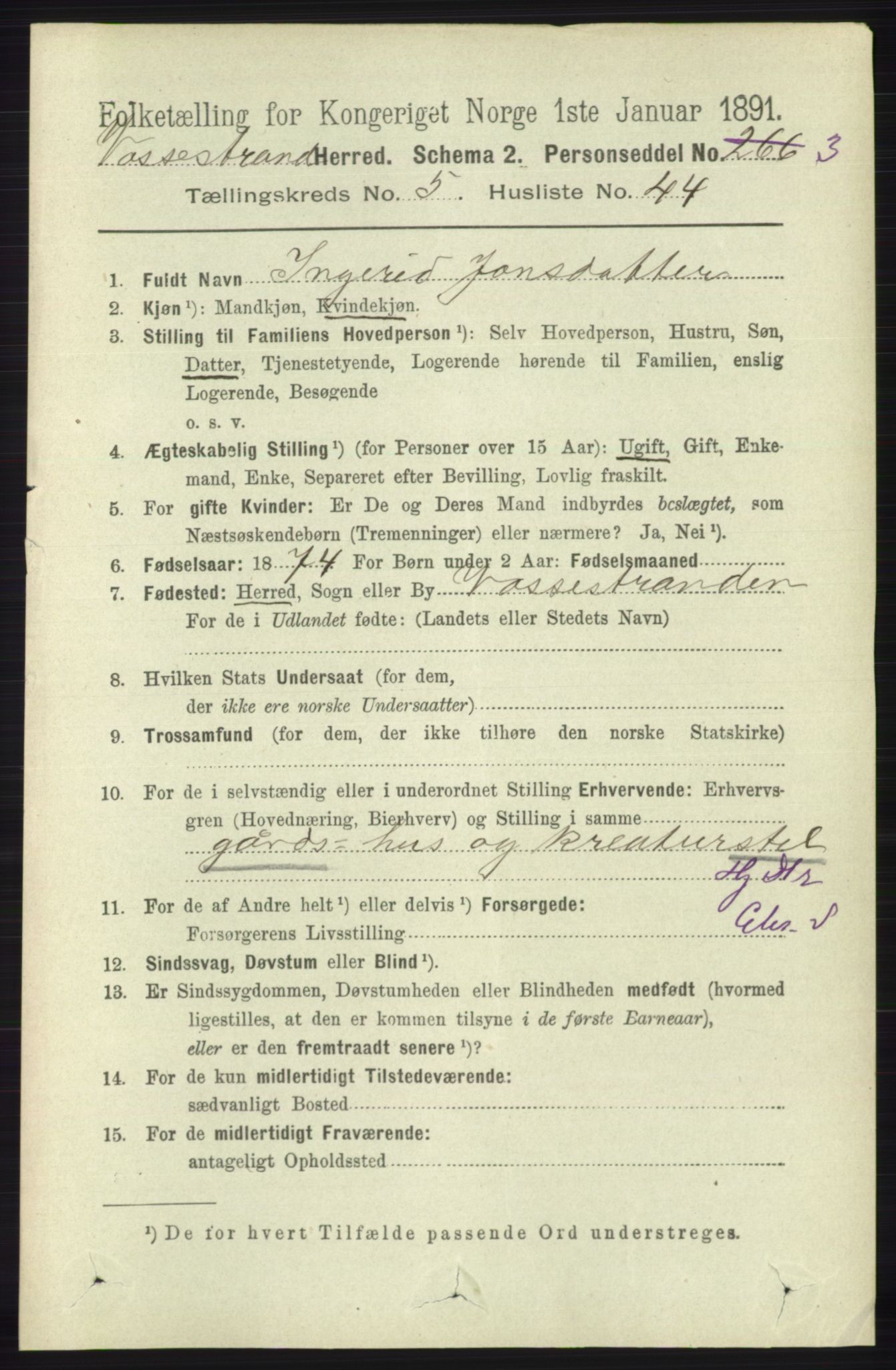 RA, 1891 census for 1236 Vossestrand, 1891, p. 2162