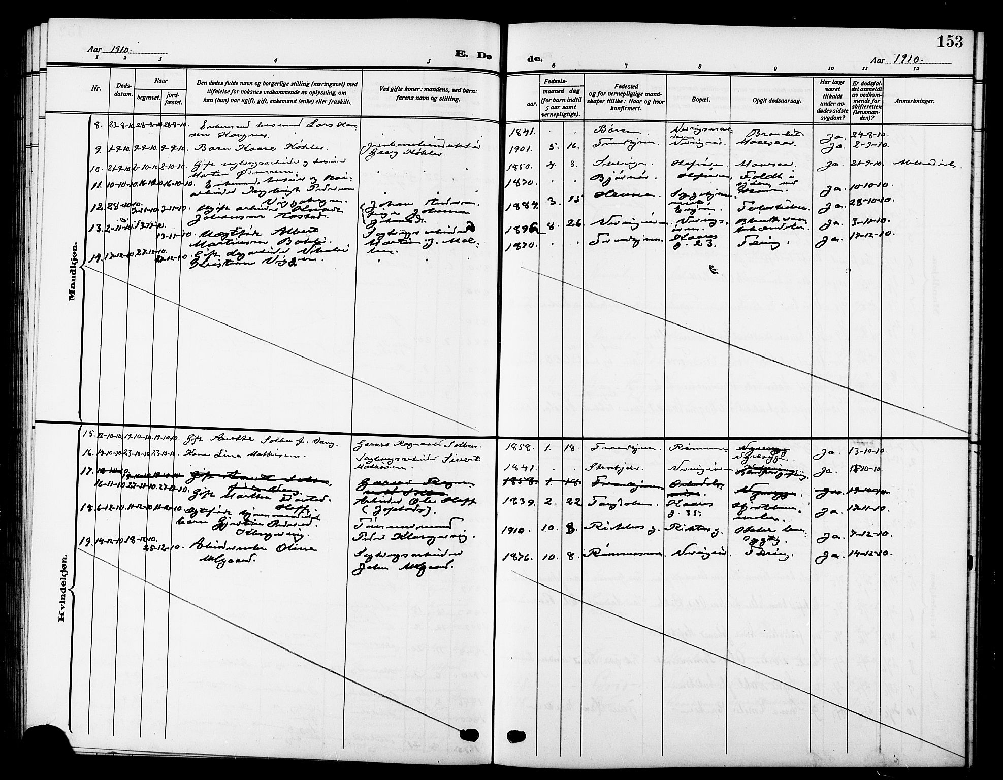 Ministerialprotokoller, klokkerbøker og fødselsregistre - Sør-Trøndelag, SAT/A-1456/669/L0831: Parish register (copy) no. 669C01, 1909-1924, p. 153