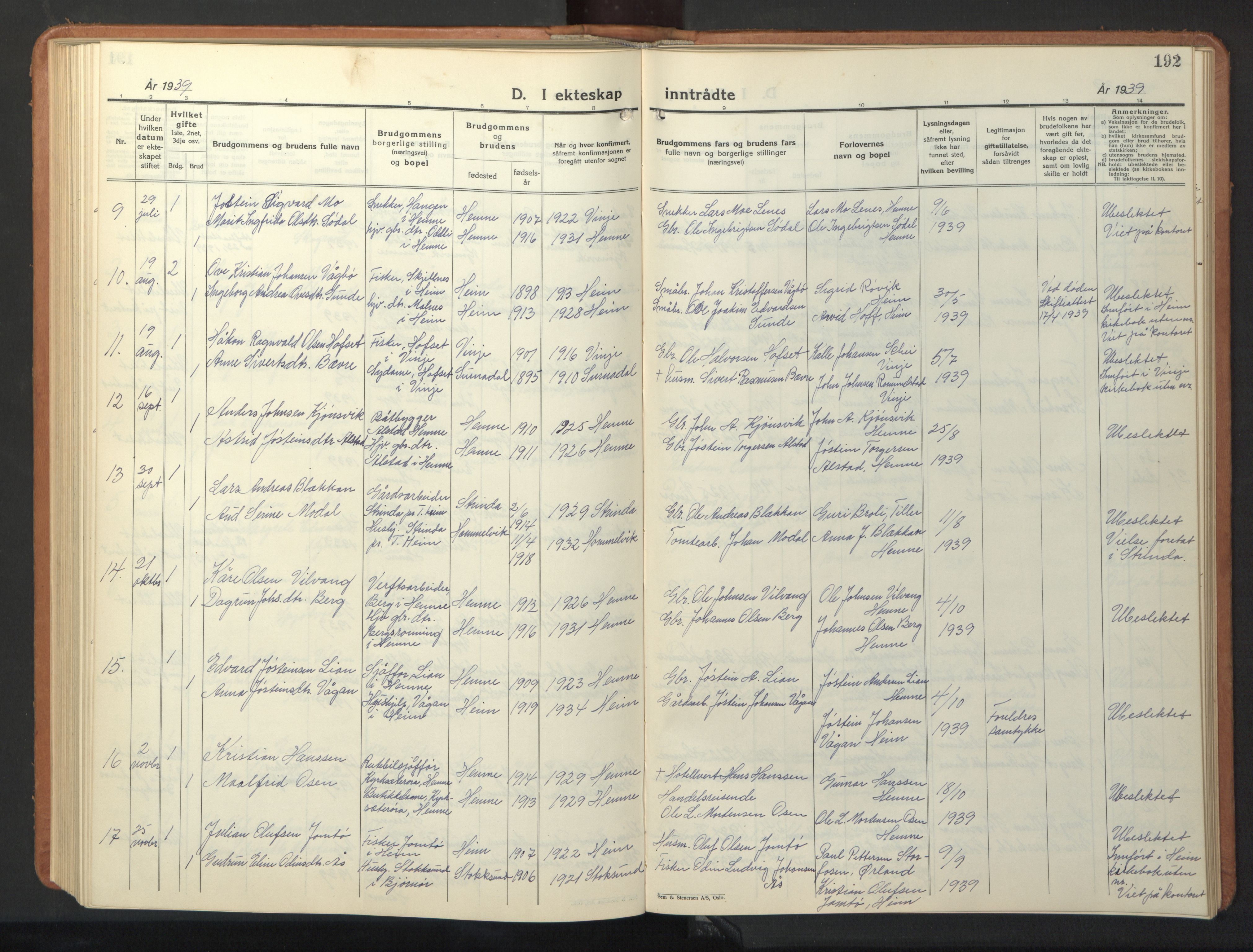 Ministerialprotokoller, klokkerbøker og fødselsregistre - Sør-Trøndelag, SAT/A-1456/630/L0508: Parish register (copy) no. 630C06, 1933-1950, p. 192