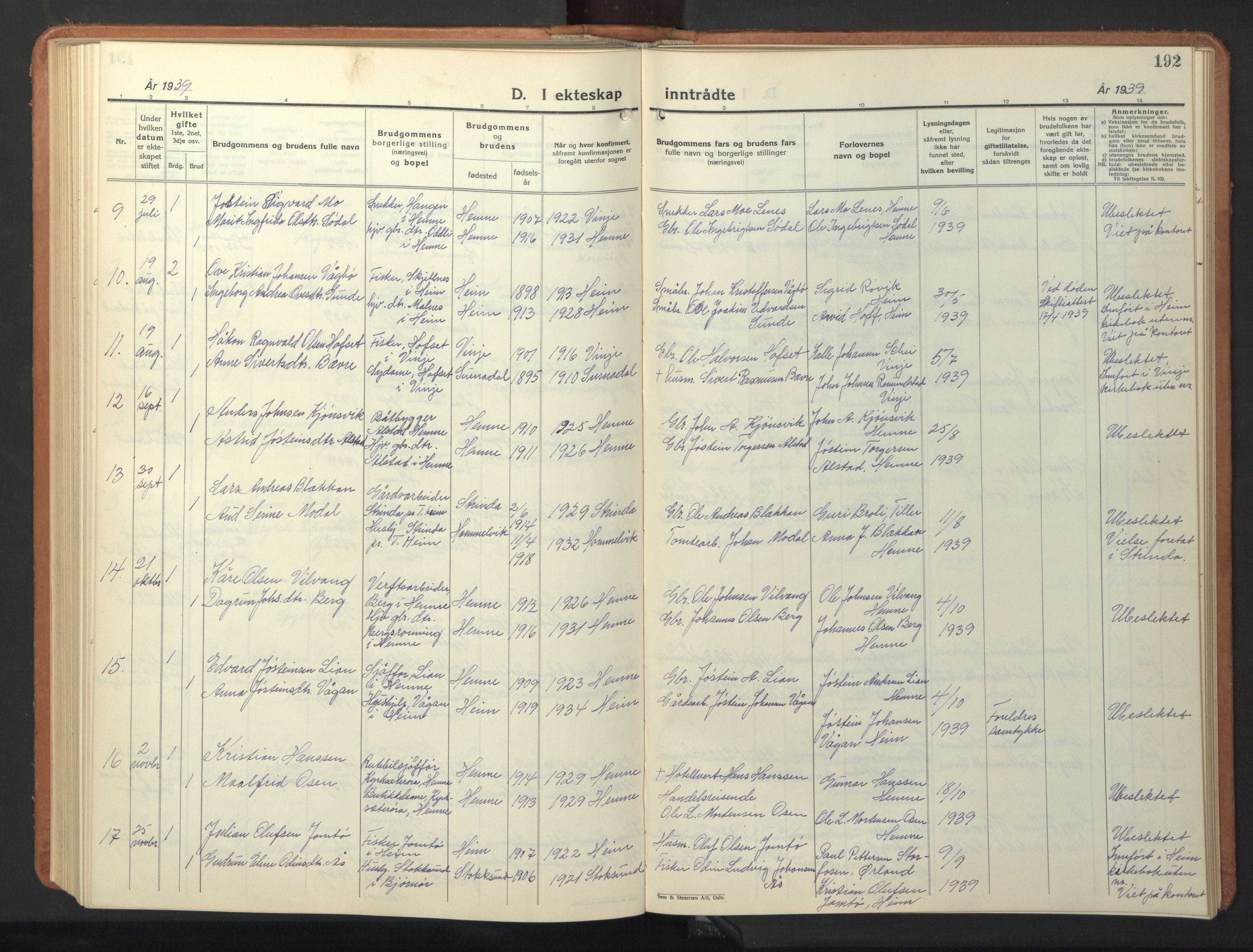 Ministerialprotokoller, klokkerbøker og fødselsregistre - Sør-Trøndelag, AV/SAT-A-1456/630/L0508: Parish register (copy) no. 630C06, 1933-1950, p. 192