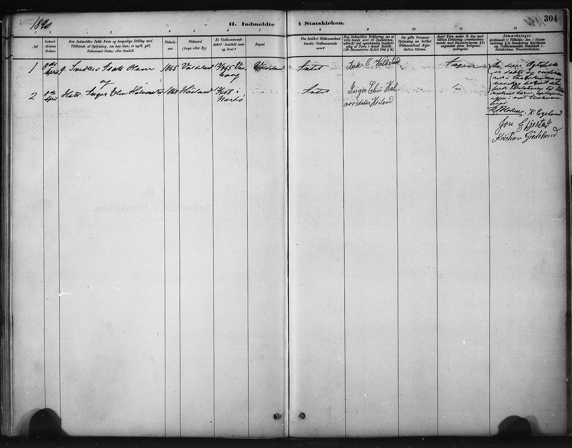 Hå sokneprestkontor, AV/SAST-A-101801/001/30BA/L0011: Parish register (official) no. A 10, 1879-1900, p. 304