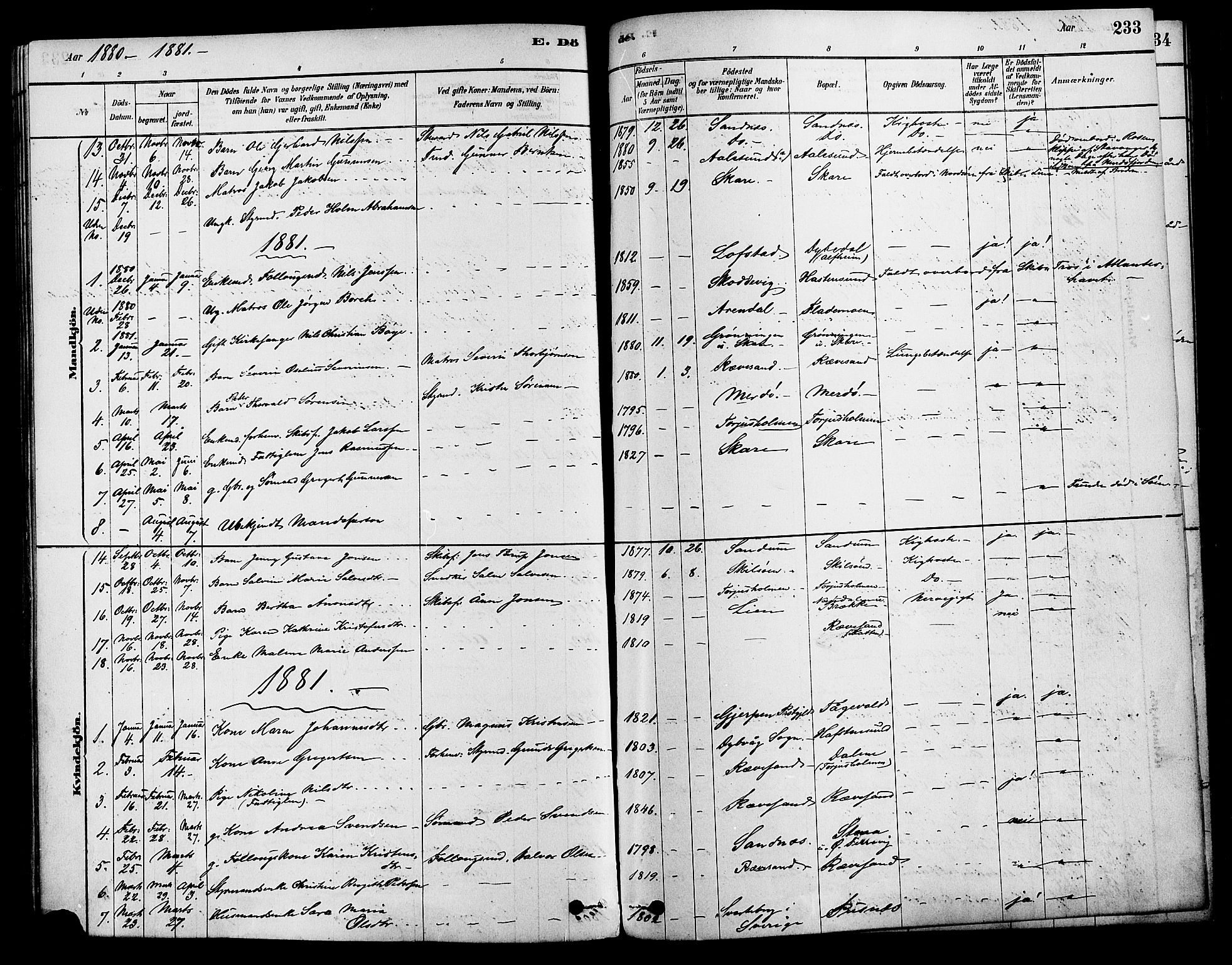Tromøy sokneprestkontor, AV/SAK-1111-0041/F/Fa/L0009: Parish register (official) no. A 9, 1878-1896, p. 233