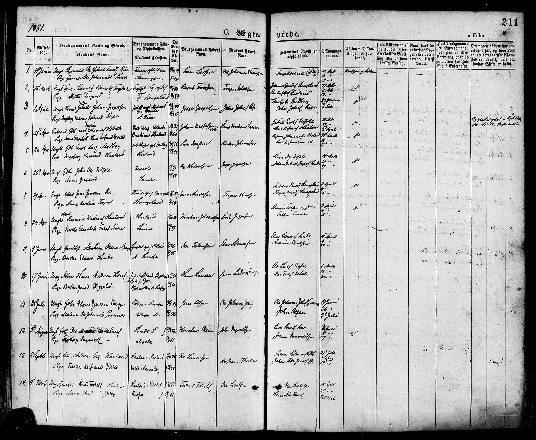 Håland sokneprestkontor, SAST/A-101802/001/30BA/L0009: Parish register (official) no. A 8, 1871-1882, p. 211