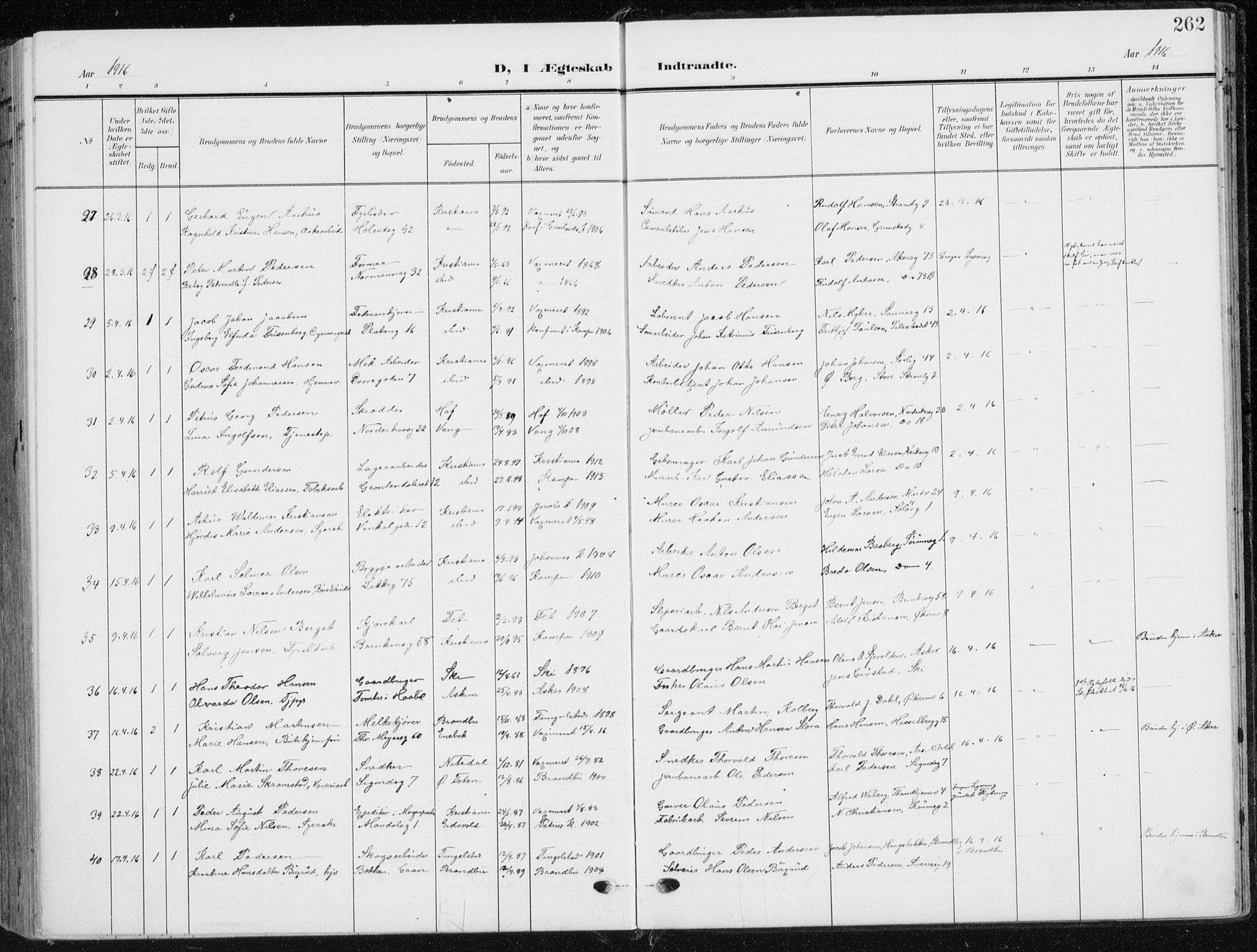 Kampen prestekontor Kirkebøker, AV/SAO-A-10853/F/Fa/L0011: Parish register (official) no. I 11, 1907-1917, p. 262