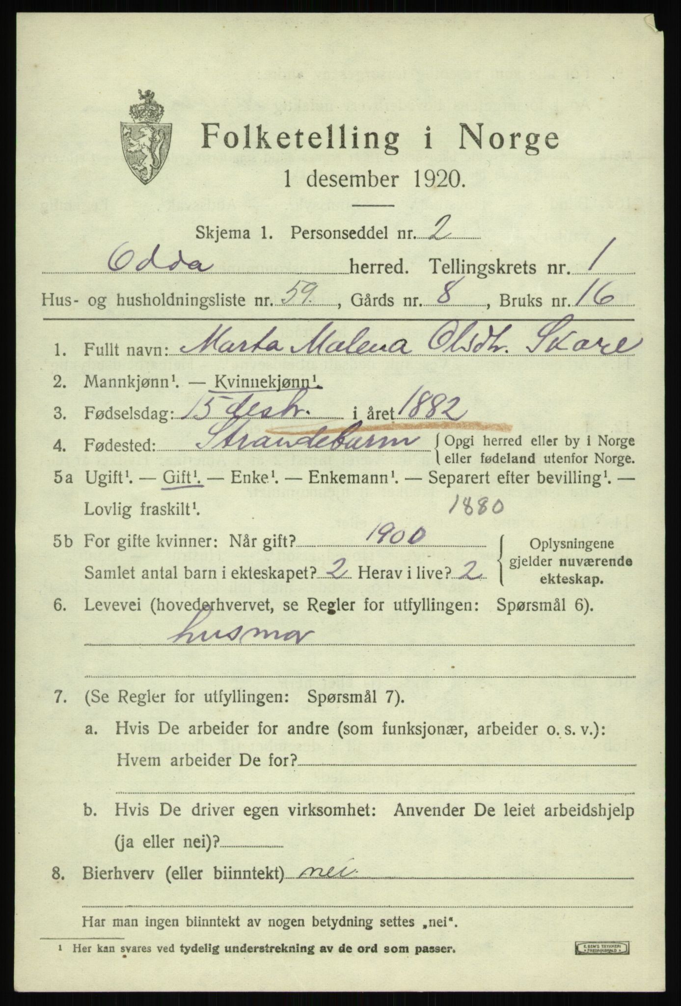 SAB, 1920 census for Odda, 1920, p. 1825