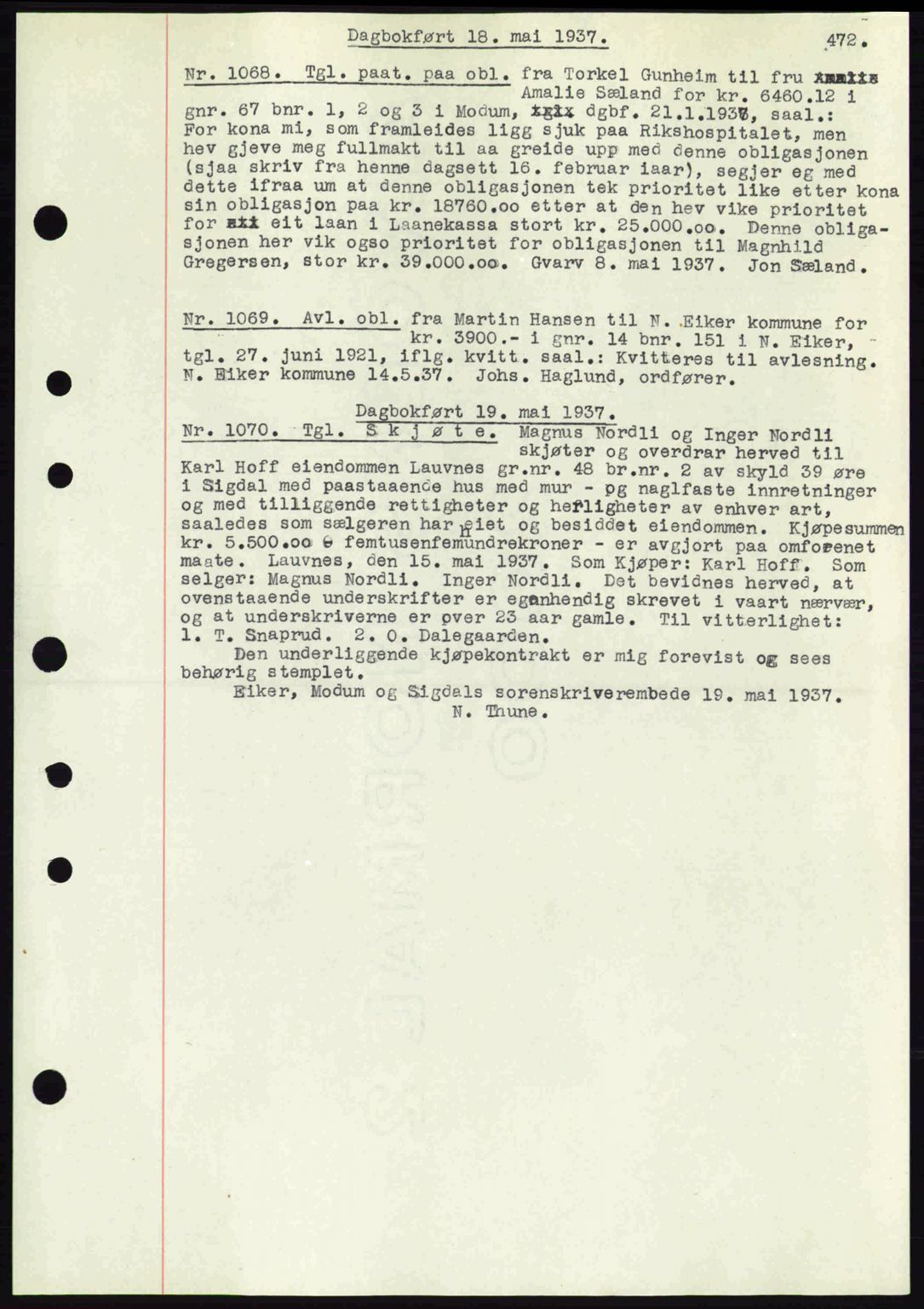 Eiker, Modum og Sigdal sorenskriveri, SAKO/A-123/G/Ga/Gab/L0035: Mortgage book no. A5, 1937-1937, Diary no: : 1068/1937