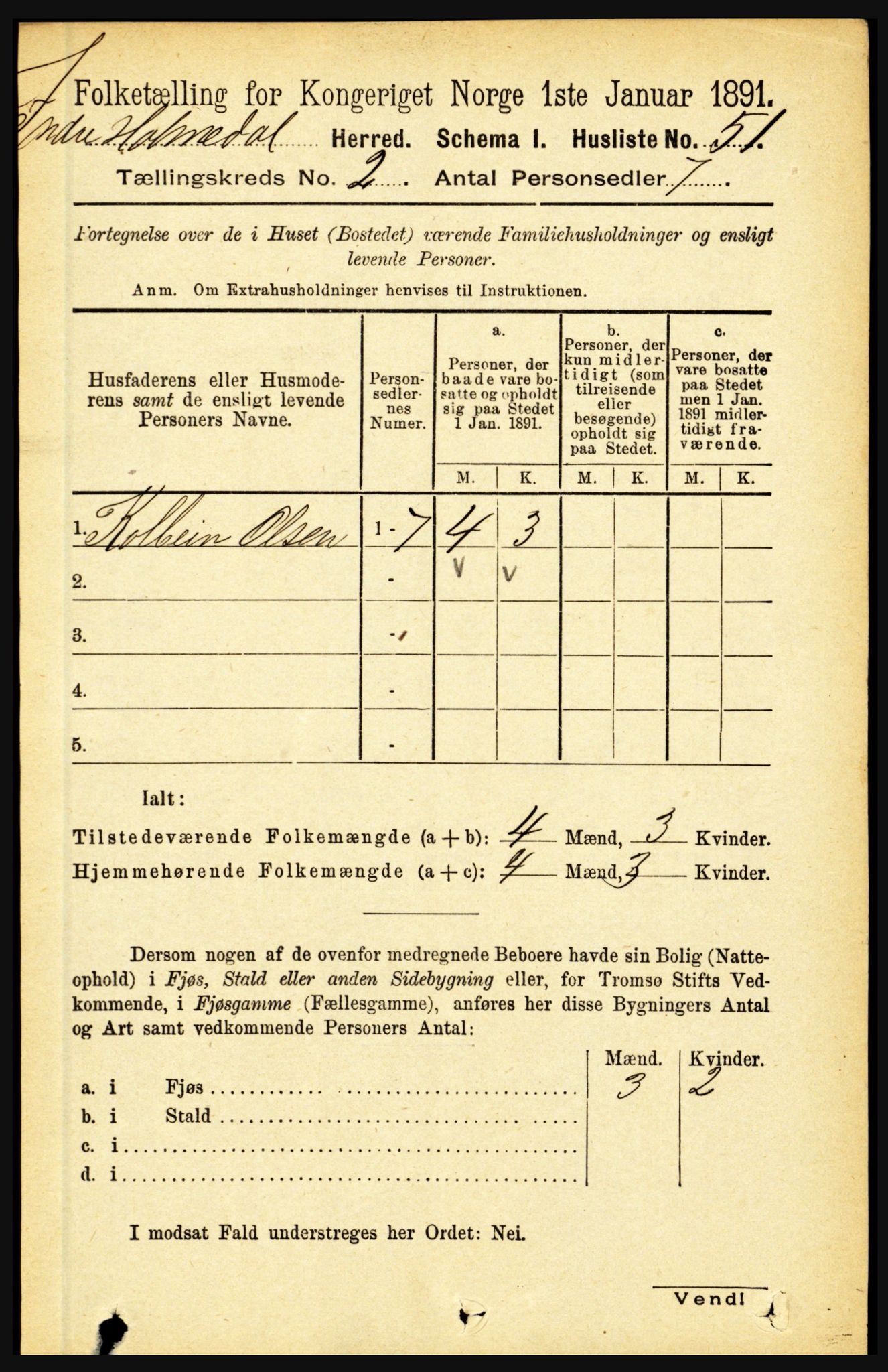 RA, 1891 census for 1430 Indre Holmedal, 1891, p. 452