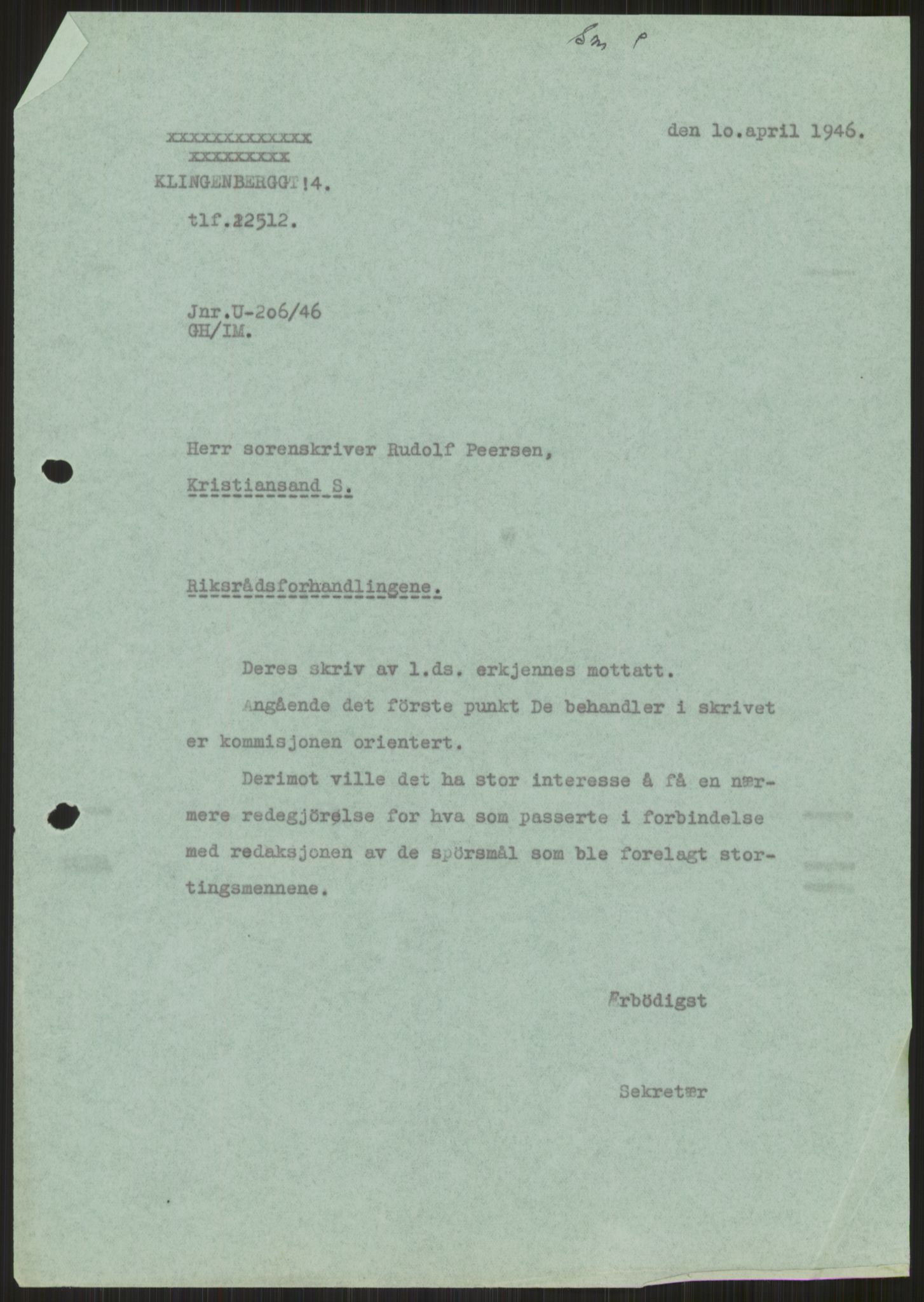 Undersøkelseskommisjonen av 1945, AV/RA-S-1566/D/Db/L0023: Regjeringskonferanse - Riksrådsforhandlingene, 1945-1947, p. 1277