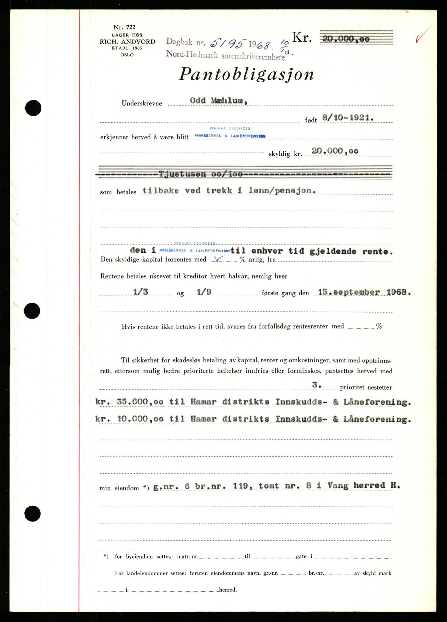 Nord-Hedmark sorenskriveri, SAH/TING-012/H/Hb/Hbf/L0077: Mortgage book no. B77, 1968-1969, Diary no: : 5195/1968