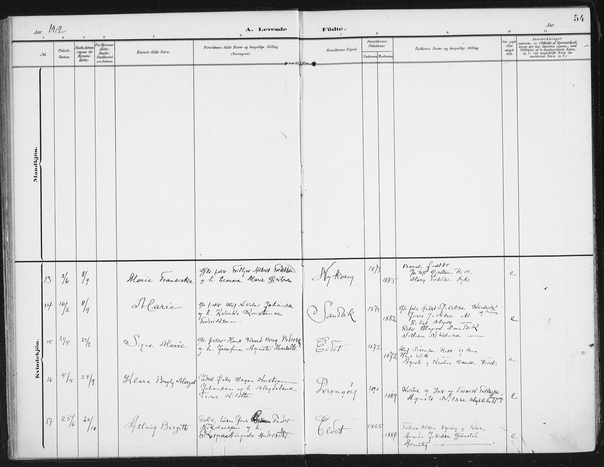 Ministerialprotokoller, klokkerbøker og fødselsregistre - Nordland, AV/SAT-A-1459/892/L1321: Parish register (official) no. 892A02, 1902-1918, p. 54