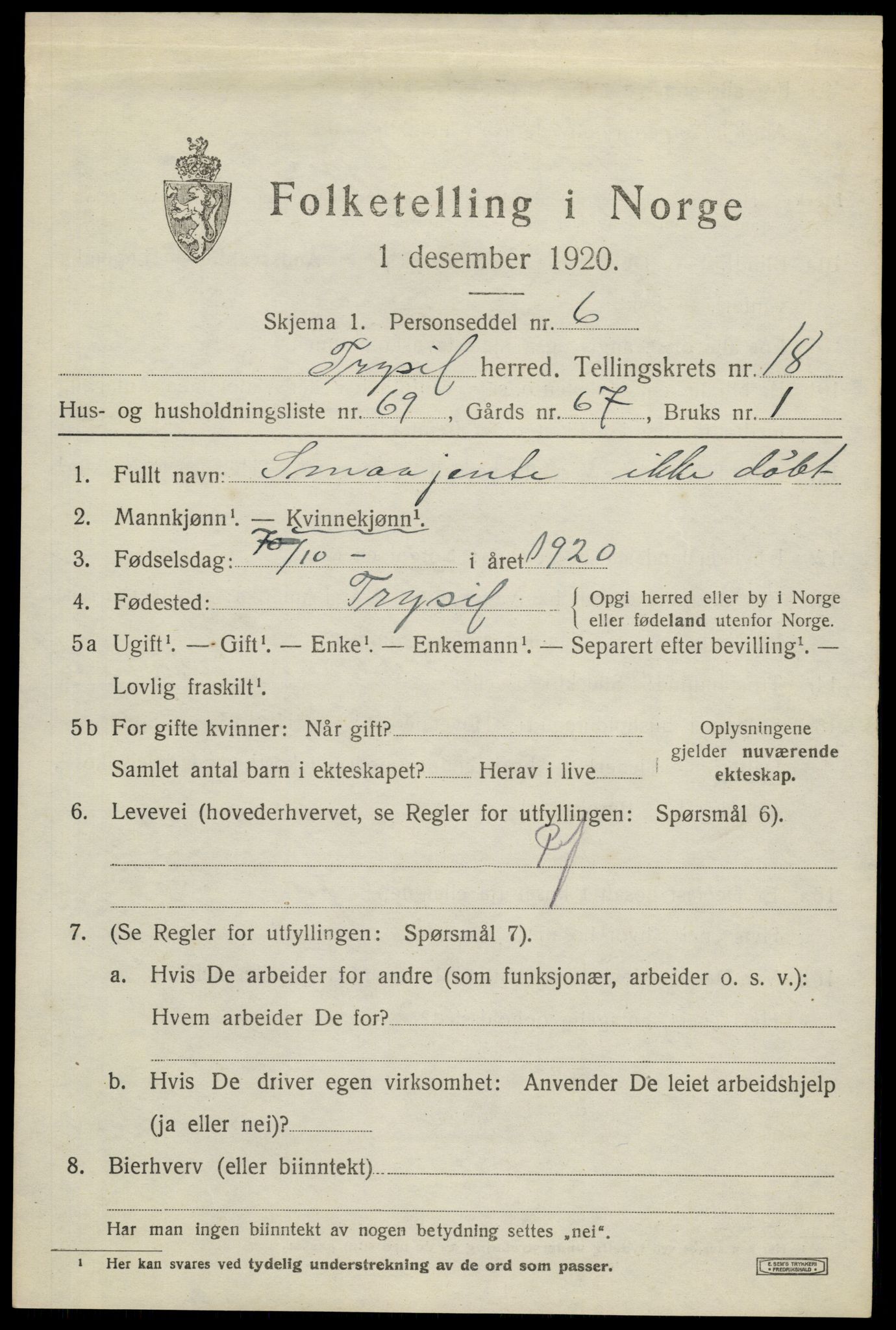 SAH, 1920 census for Trysil, 1920, p. 12599
