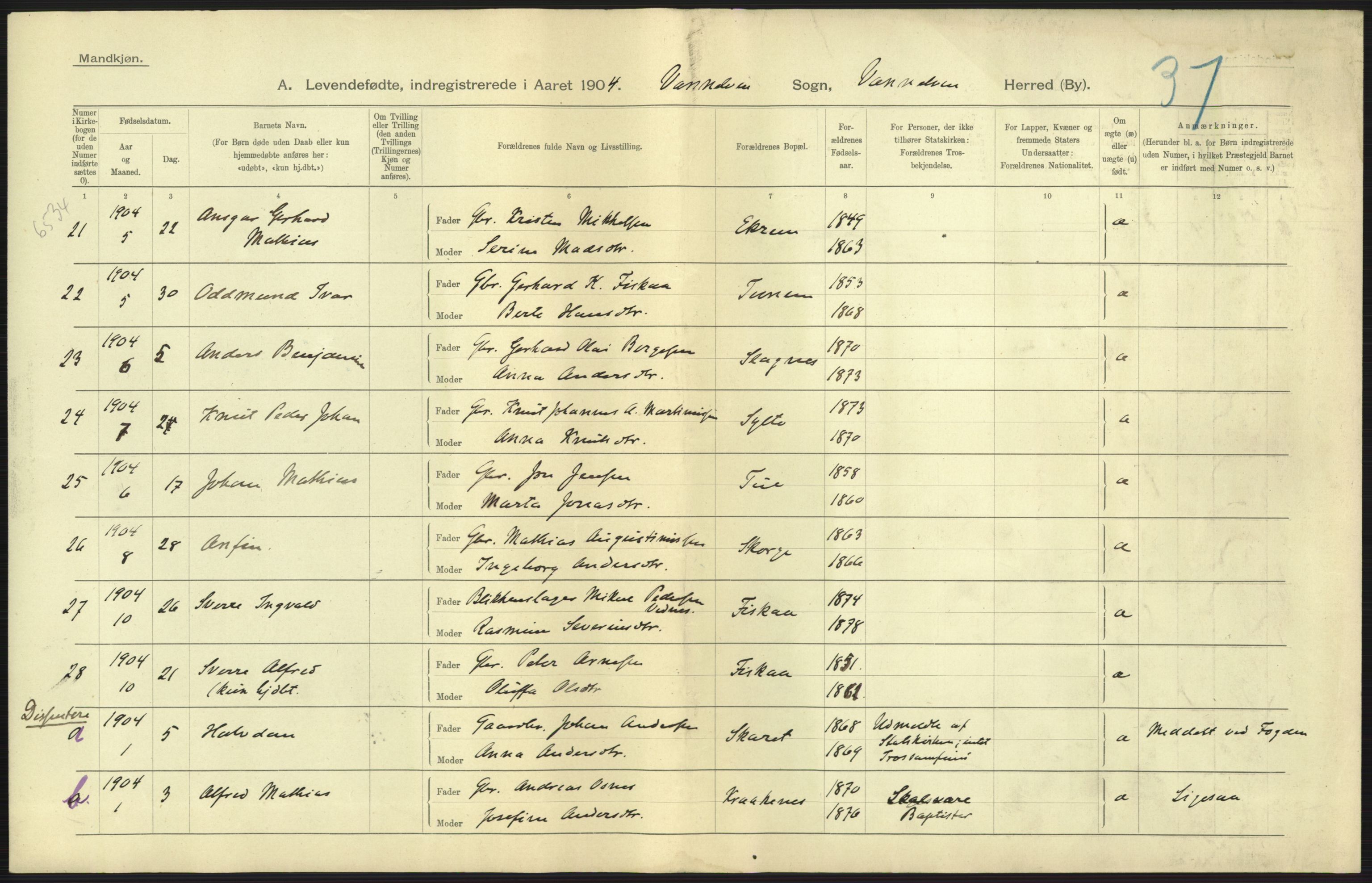 Statistisk sentralbyrå, Sosiodemografiske emner, Befolkning, AV/RA-S-2228/D/Df/Dfa/Dfab/L0016: Romsdals amt: Fødte, gifte, døde., 1904, p. 15