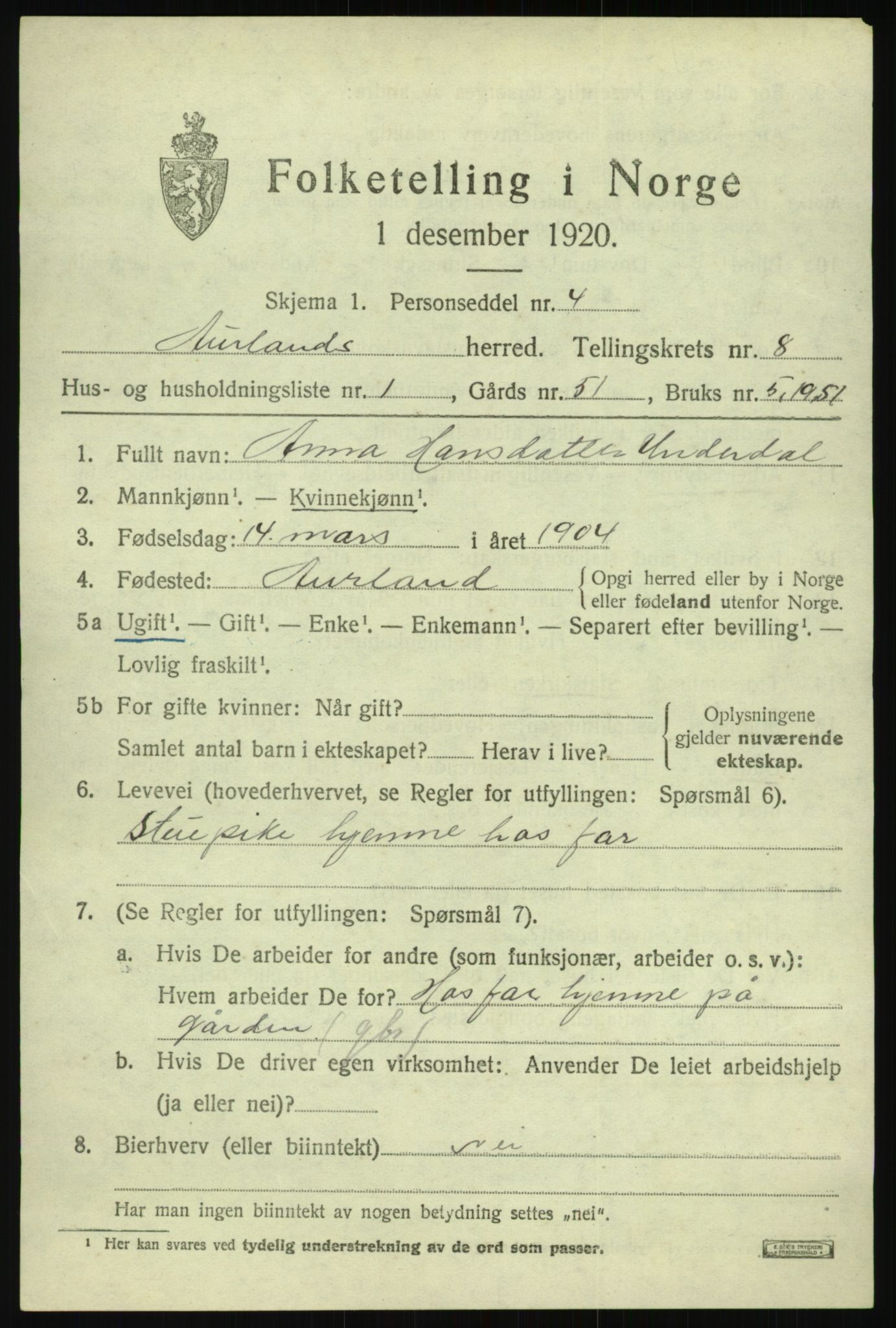 SAB, 1920 census for Aurland, 1920, p. 4294