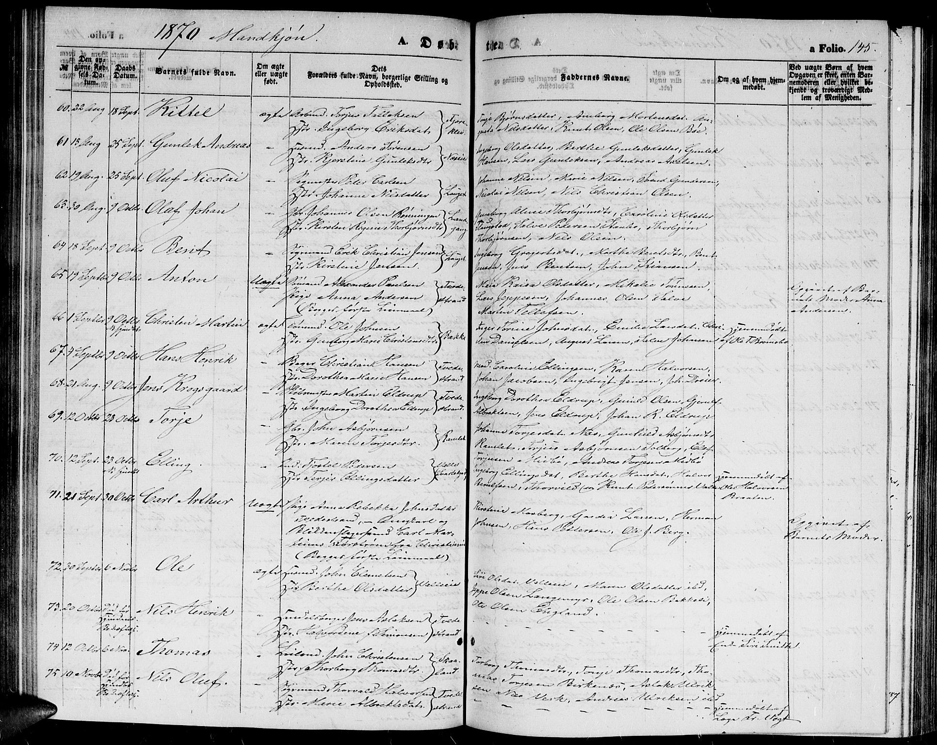 Holt sokneprestkontor, AV/SAK-1111-0021/F/Fb/L0008: Parish register (copy) no. B 8, 1858-1871, p. 145