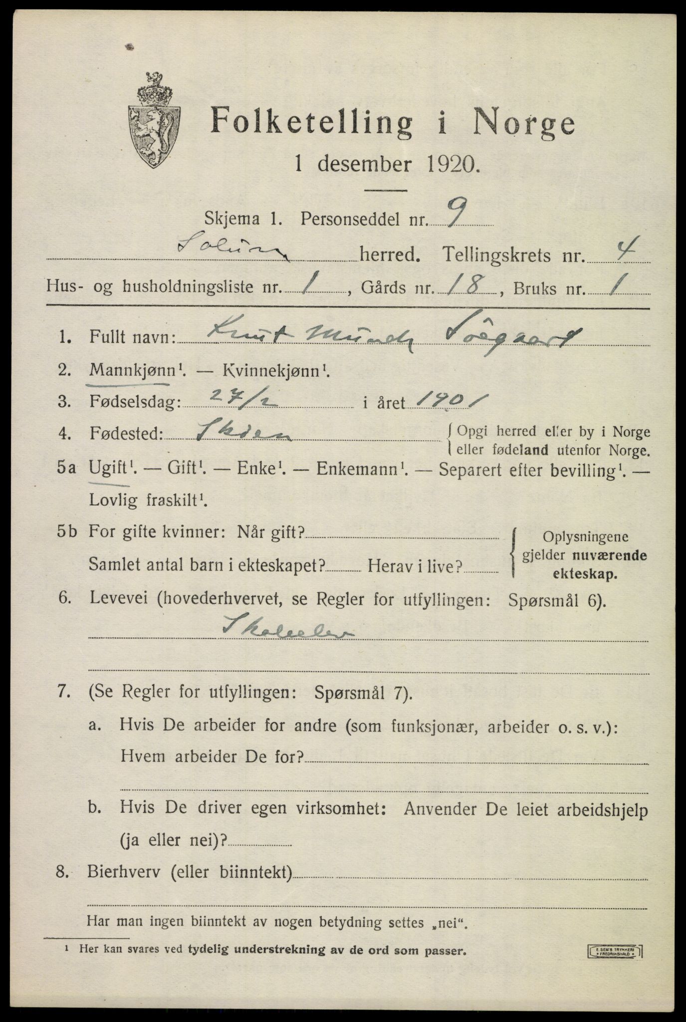 SAKO, 1920 census for Solum, 1920, p. 8190