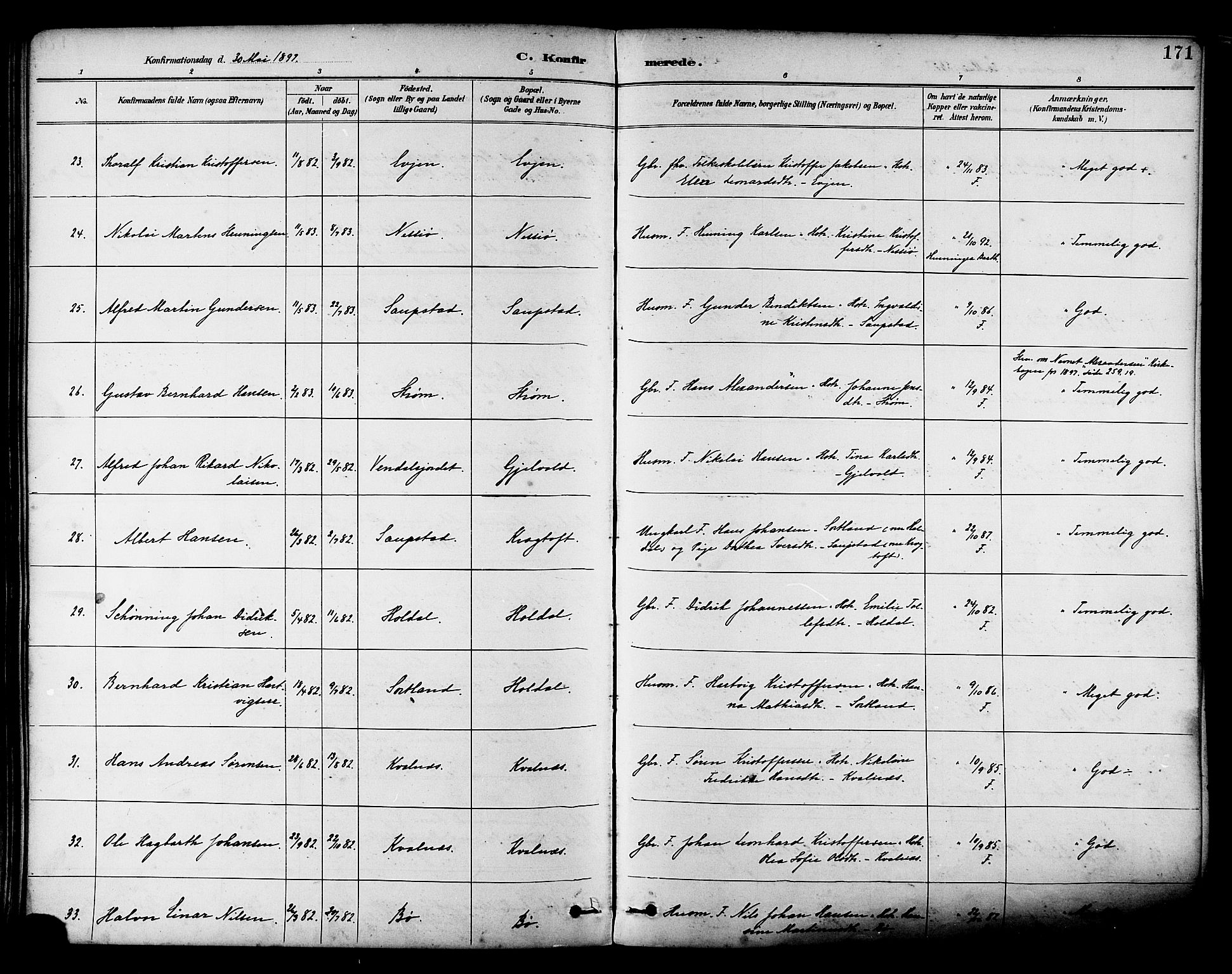 Ministerialprotokoller, klokkerbøker og fødselsregistre - Nordland, AV/SAT-A-1459/880/L1133: Parish register (official) no. 880A07, 1888-1898, p. 171