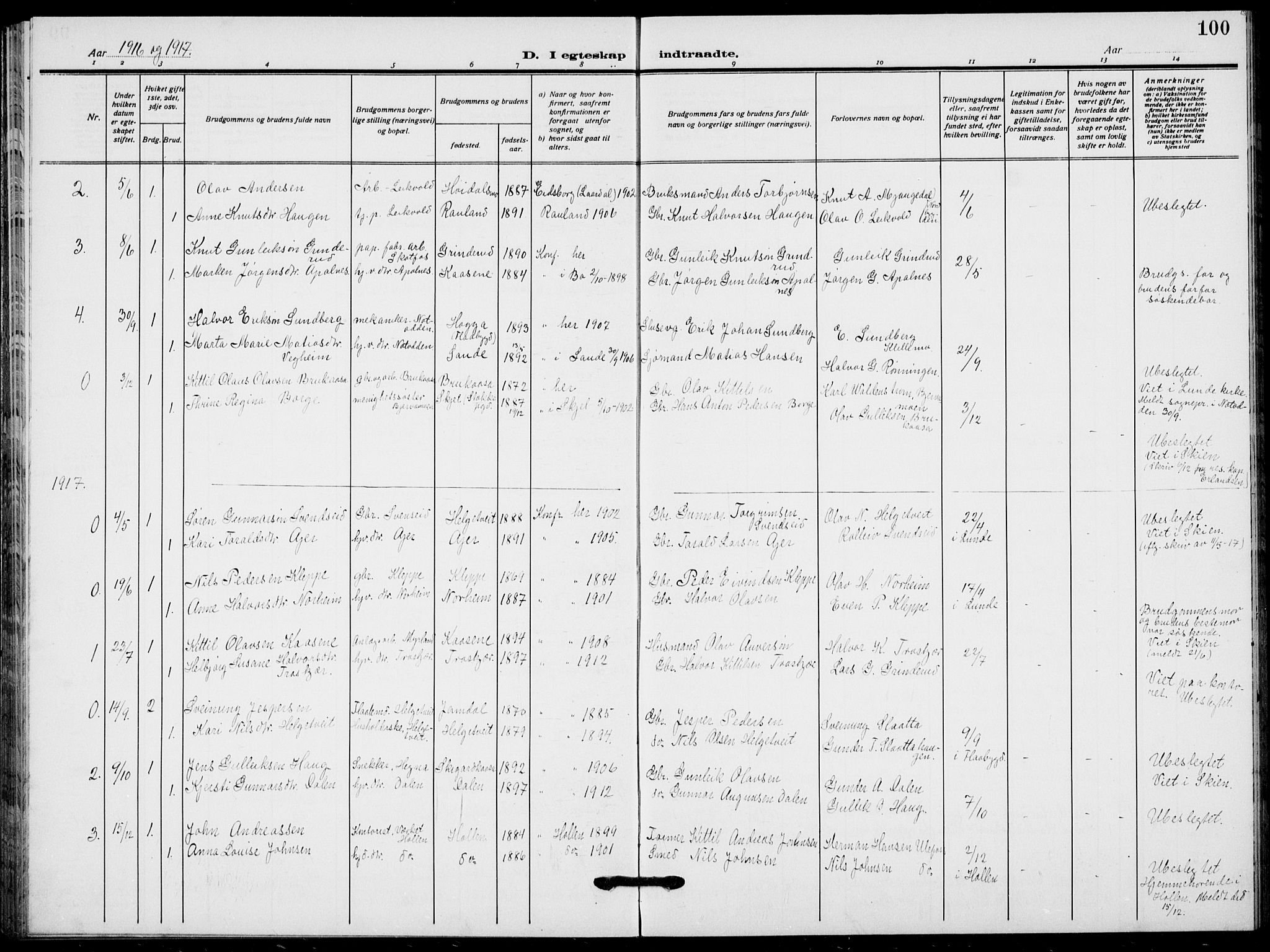 Lunde kirkebøker, SAKO/A-282/F/Fa/L0005: Parish register (official) no. I 5, 1914-1922, p. 100