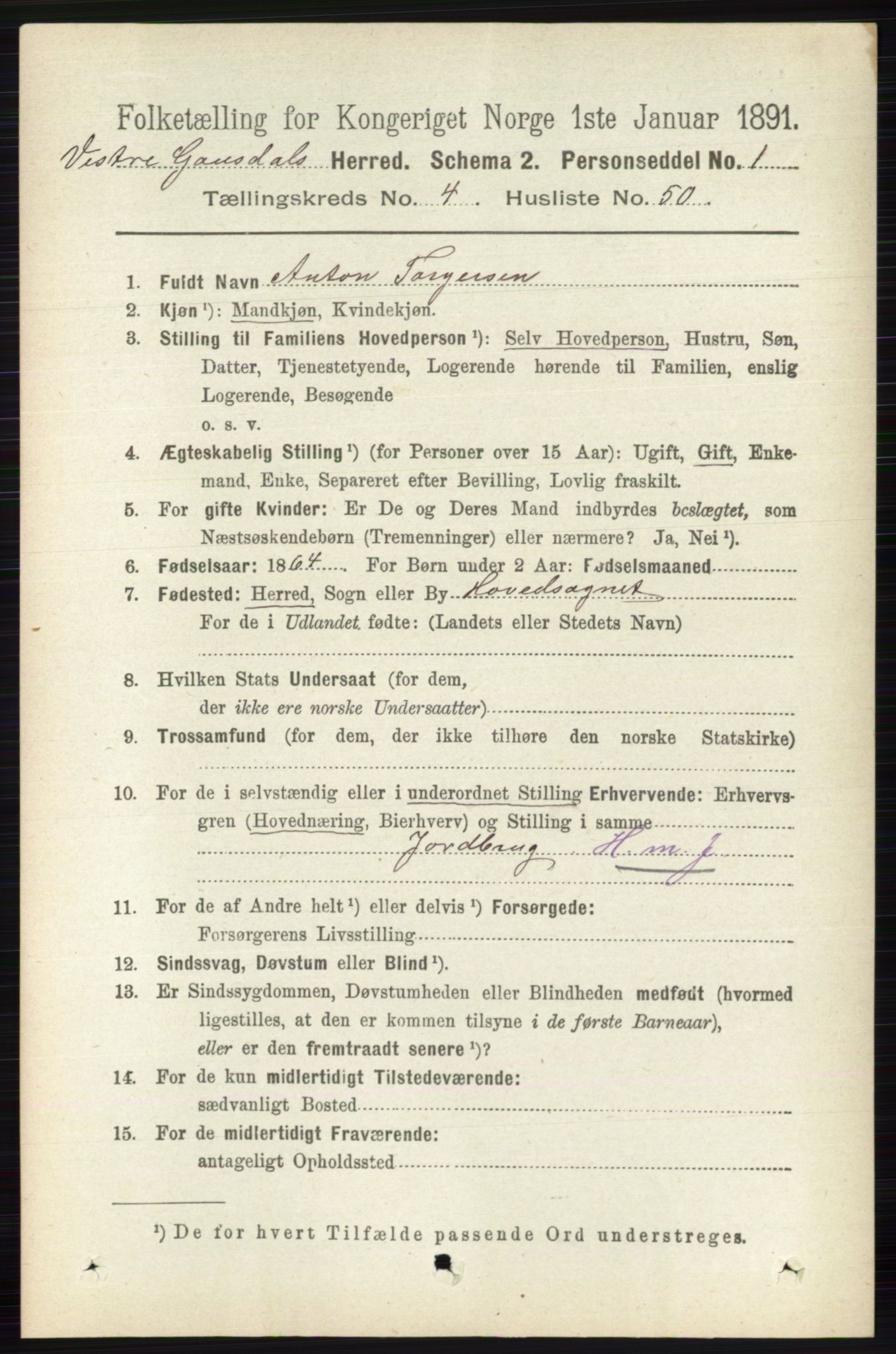 RA, 1891 census for 0523 Vestre Gausdal, 1891, p. 1987