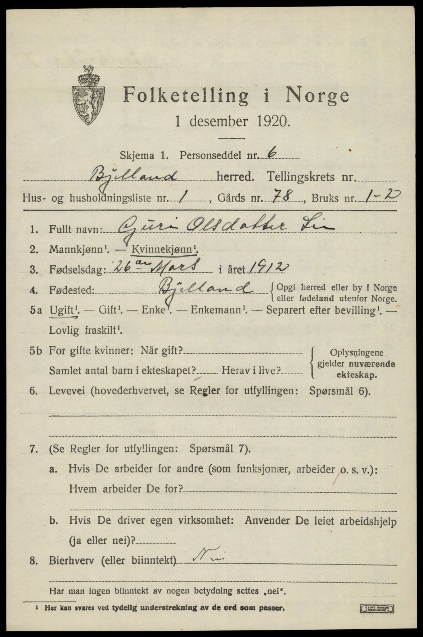 SAK, 1920 census for Bjelland, 1920, p. 963