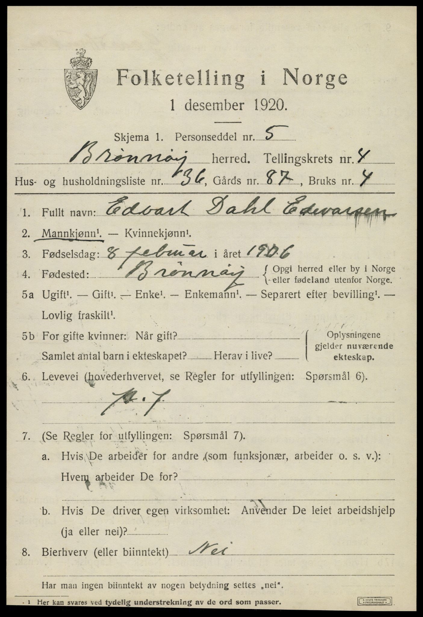 SAT, 1920 census for Brønnøy, 1920, p. 3742