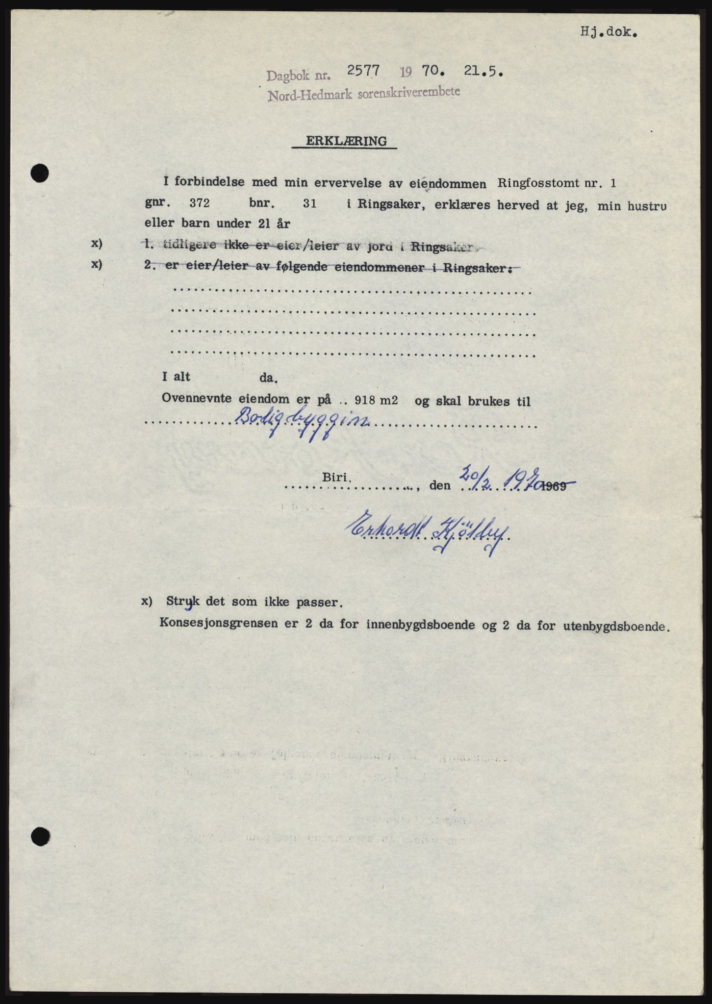 Nord-Hedmark sorenskriveri, SAH/TING-012/H/Hc/L0033: Mortgage book no. 33, 1970-1970, Diary no: : 2577/1970