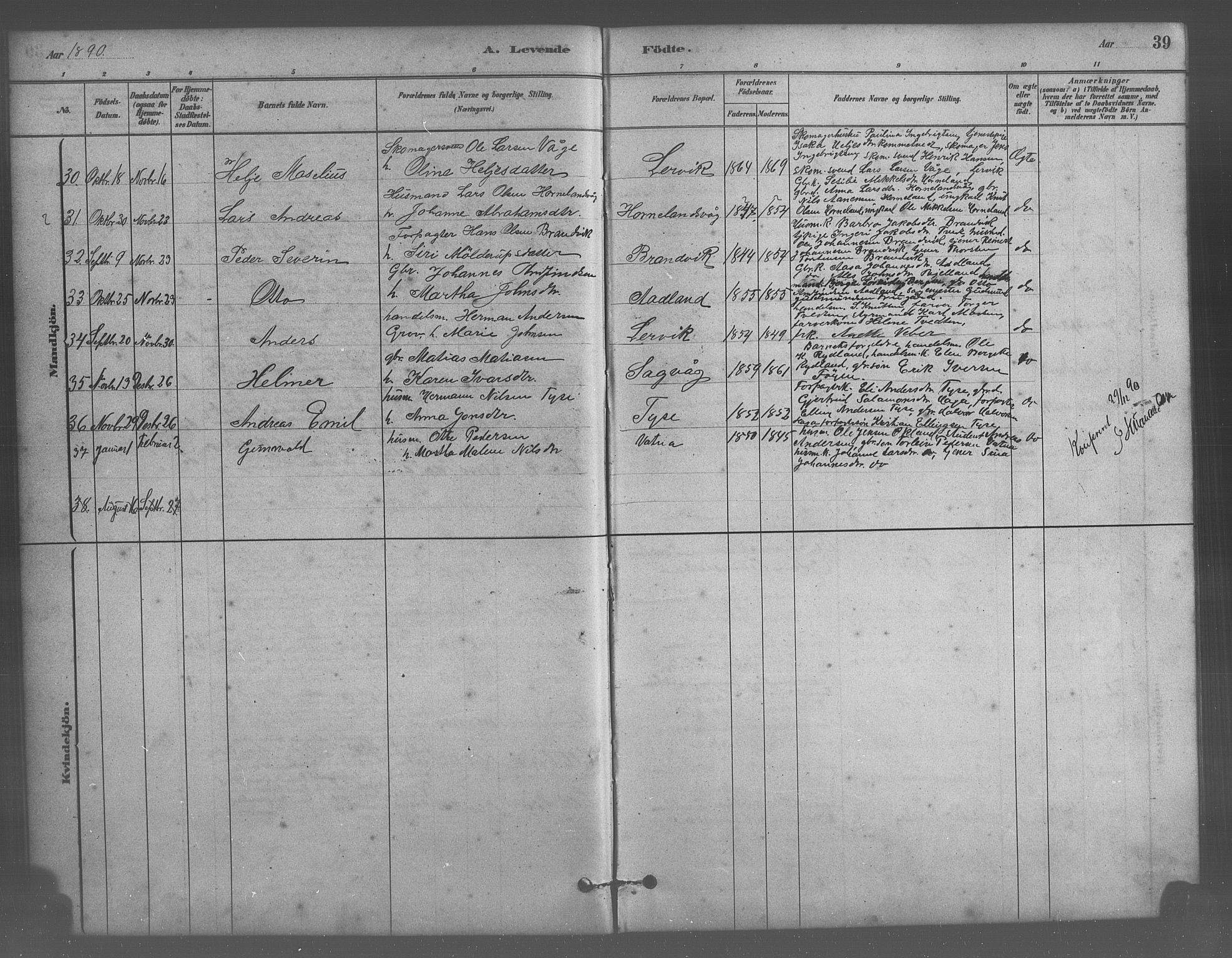 Stord sokneprestembete, AV/SAB-A-78201/H/Hab: Parish register (copy) no. A 2, 1879-1909, p. 39