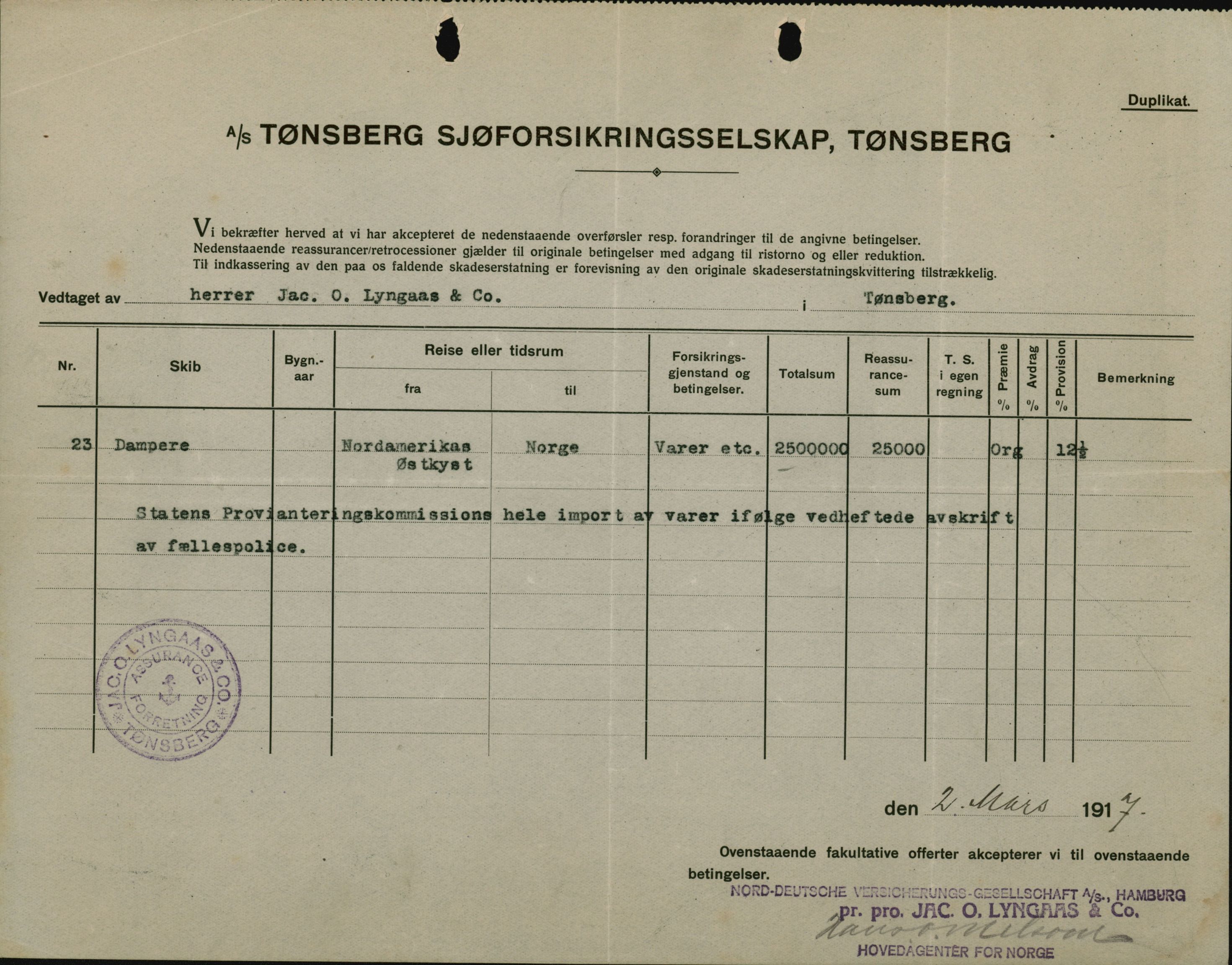 Pa 664 - Tønsberg Sjøforsikringsselskap, VEMU/A-1773/F/L0001: Forsikringspoliser, 1915-1918