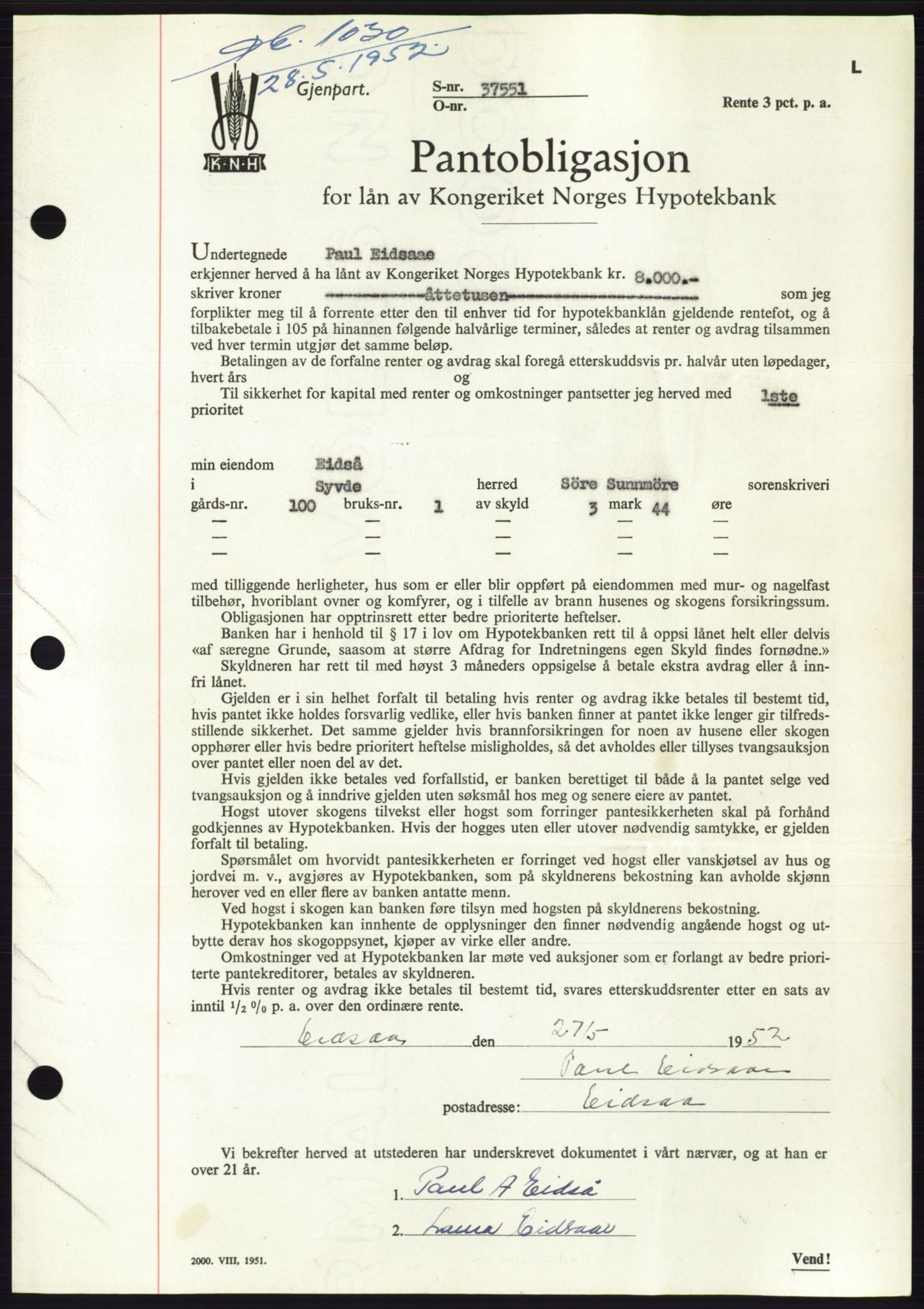 Søre Sunnmøre sorenskriveri, AV/SAT-A-4122/1/2/2C/L0121: Mortgage book no. 9B, 1951-1952, Diary no: : 1030/1952