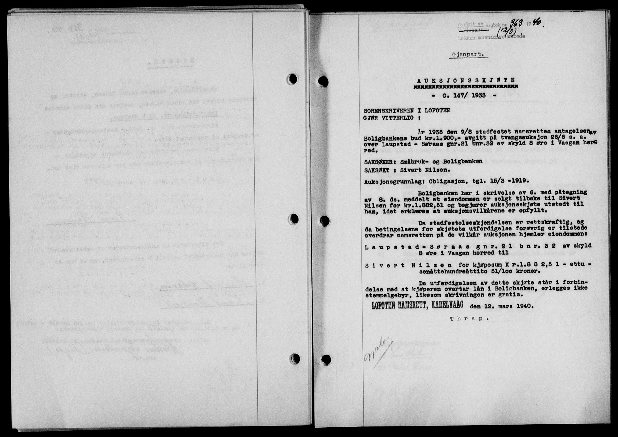 Lofoten sorenskriveri, SAT/A-0017/1/2/2C/L0007a: Mortgage book no. 7a, 1939-1940, Diary no: : 363/1940
