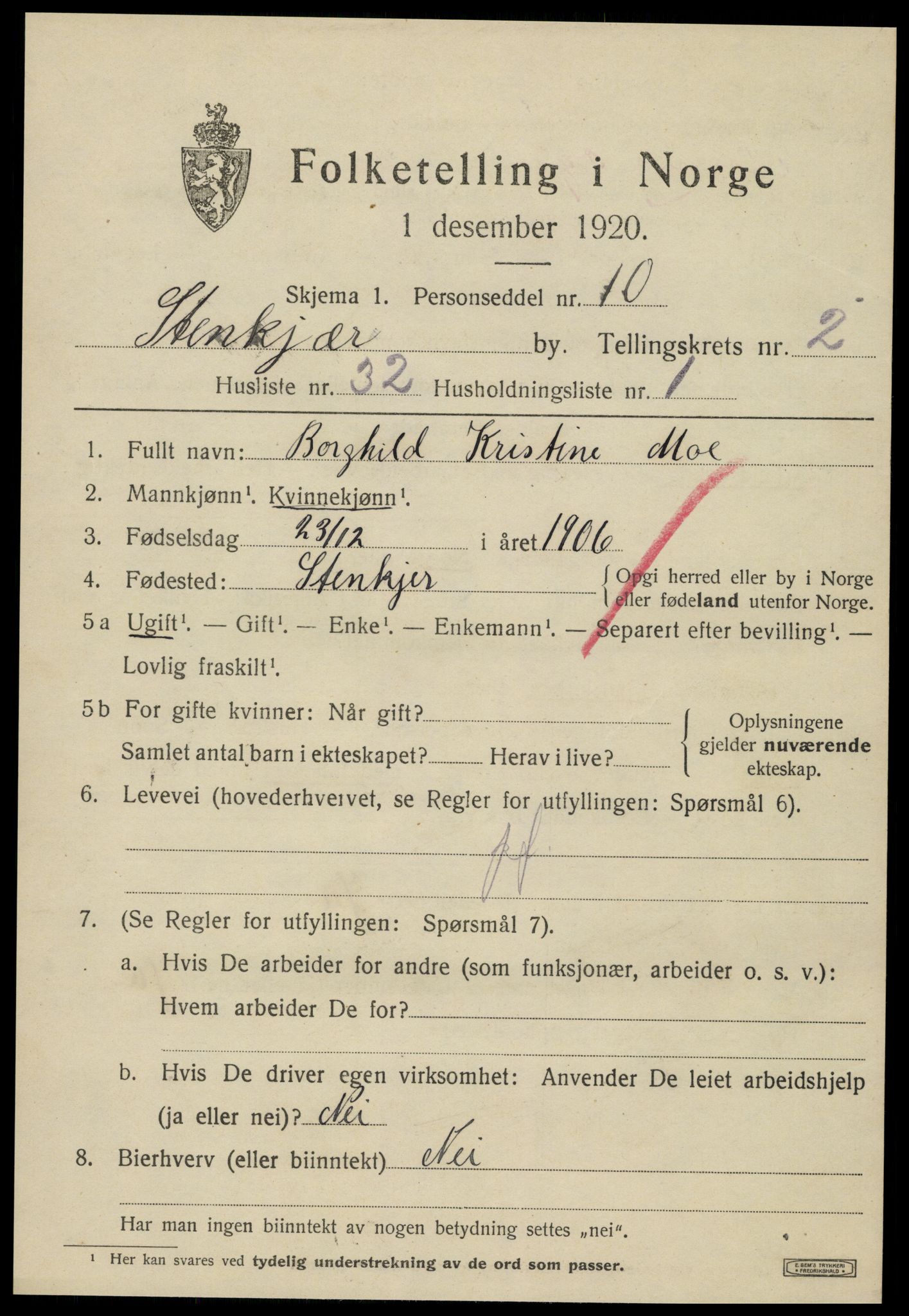 SAT, 1920 census for Steinkjer, 1920, p. 4870