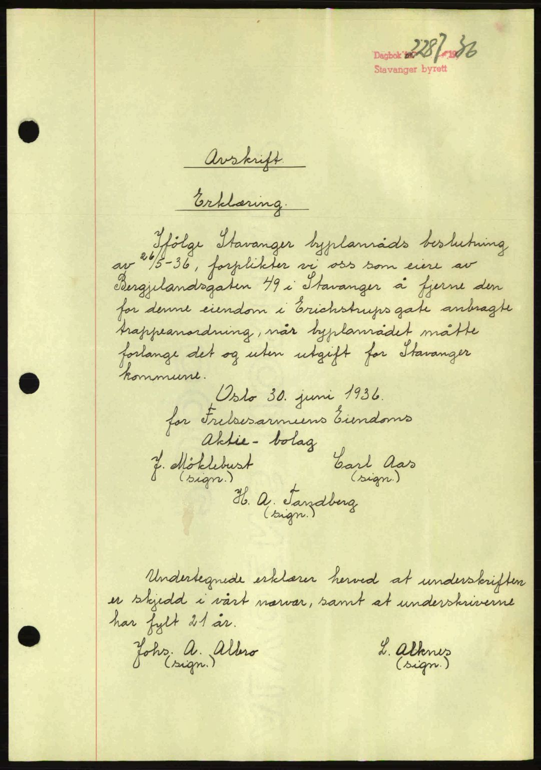 Stavanger byrett, SAST/A-100455/002/G/Gb/L0026: Mortgage book no. B1, 1936-1937, Diary no: : 2287/1936